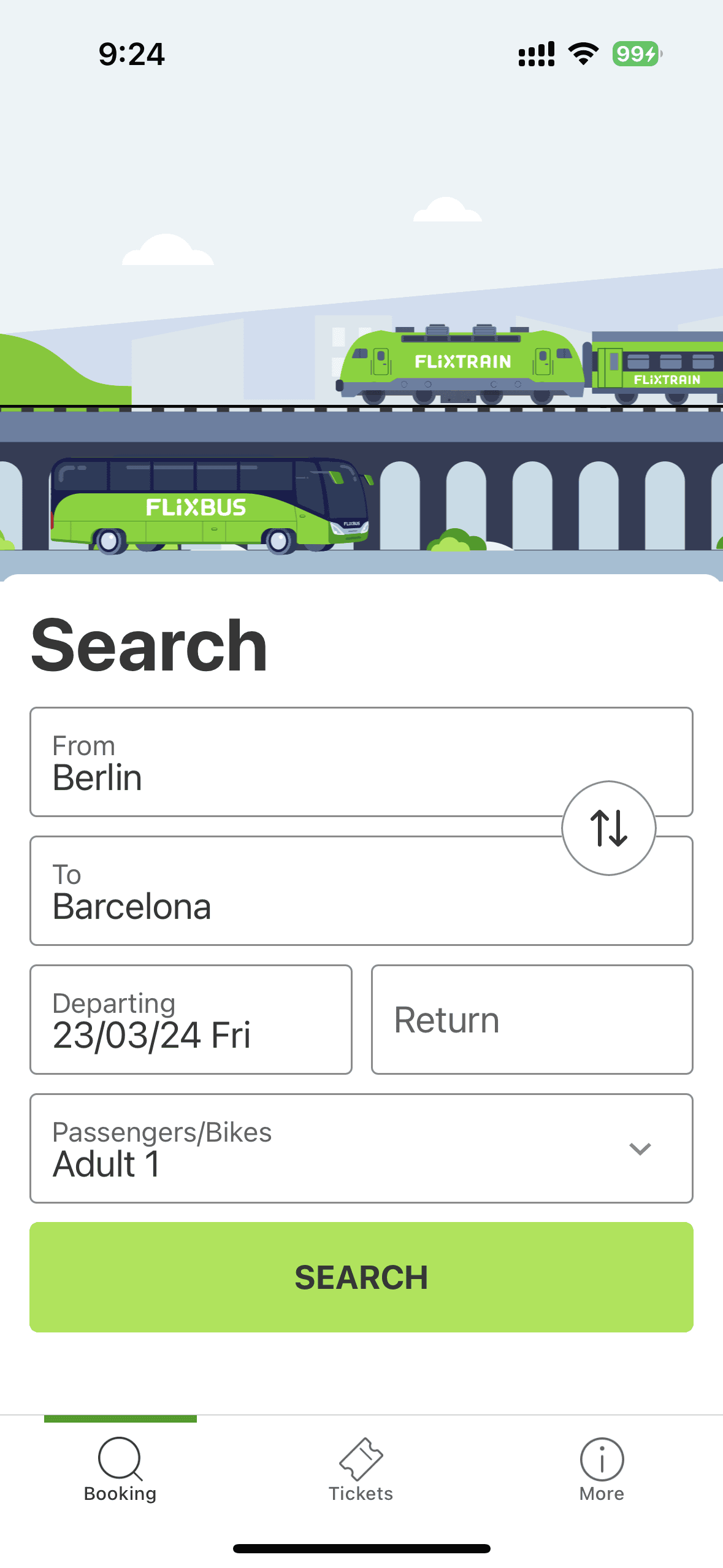 出発地と目的地、日付などを入力して検索するだけ