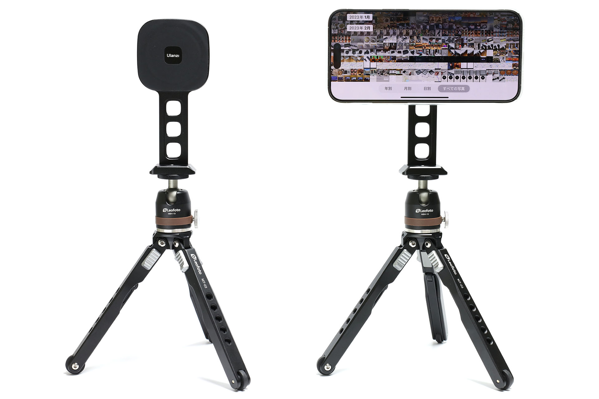 ミニ三脚にST-28をセット（雲台上にネジ止め）し、iPhoneをMagSafeで吸着。ST-28を使えば、スマートフォンを手軽に三脚へ装着できるのだ。ST-28のアクセサリーシューは外してある。