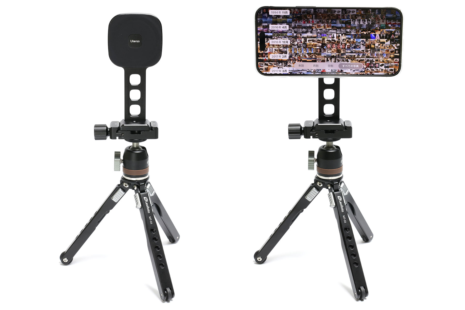 アルカスイス互換のミニ三脚に、アルカスイス互換のST-28をセット。そこにiPhone 14 Pro Maxをセット。三脚とST-28も、ST-28とiPhoneもスゲく容易に着脱できる。