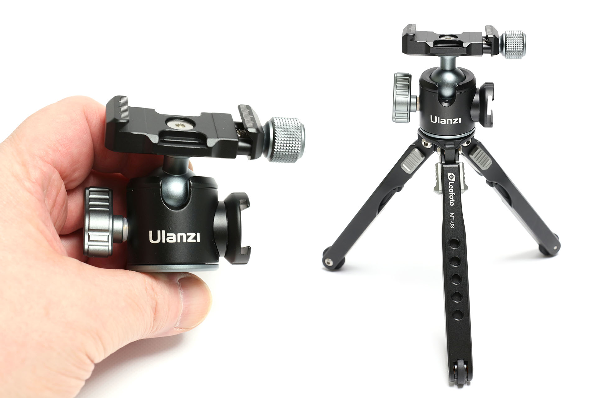 Ulanzi<a href="https://www.ulanzi.com/products/ulanzi-u-80l-arca-swiss-side-cold-shoe-ballhead" class="strong bn" target="_blank">「U-80L」</a>。アルカスイス互換の自由雲台で、横にアクセサリーシュー付き。高さは約60mm。<a href="https://amzn.asia/d/4QSv54t" class="strong bn" target="_blank">Amazon</a>では2699円で売られている。