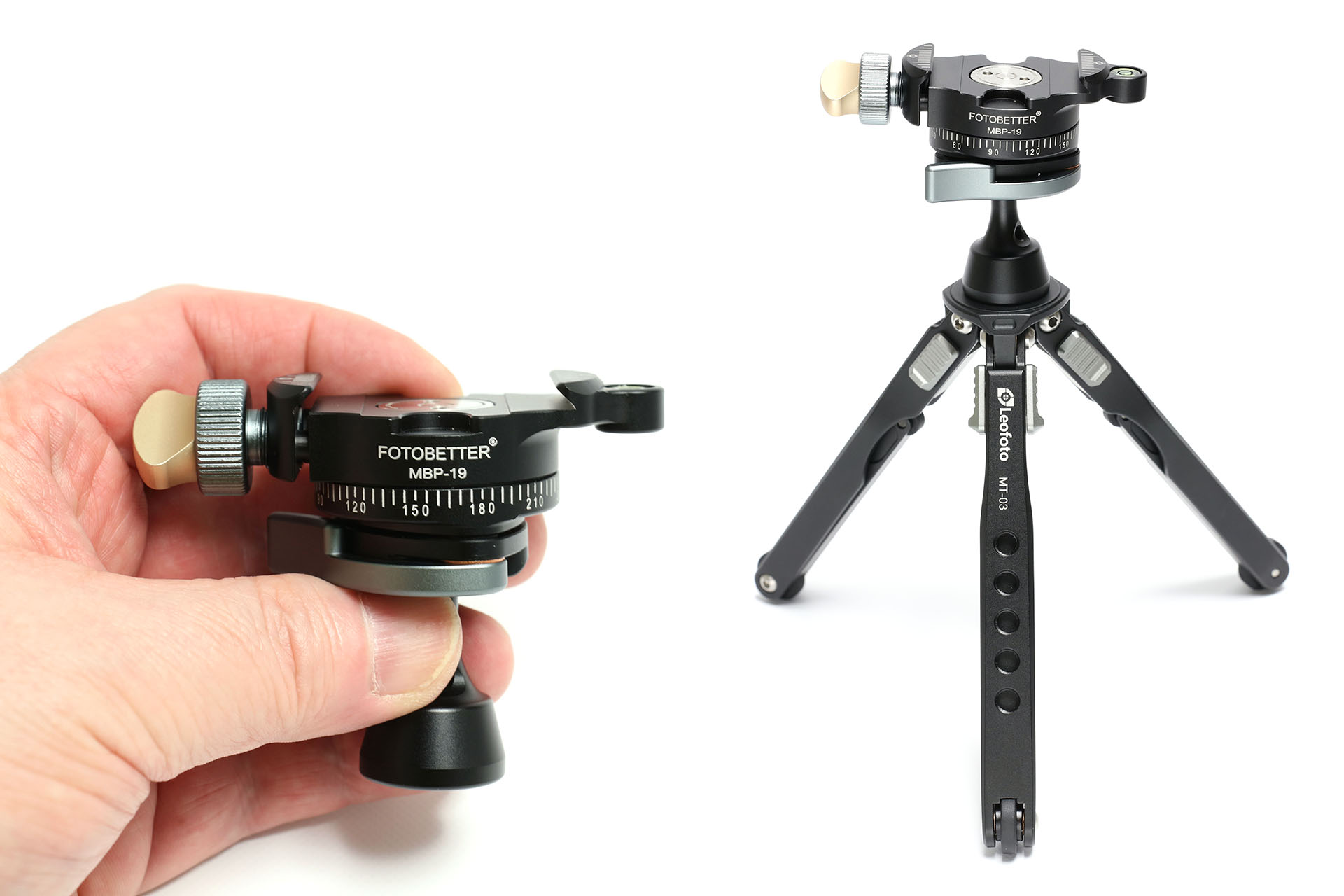 FOTOBETTER<a href="http://www.fotobetter.com/en/pd.jsp?id=9#_jcp=3_33" class="strong bn" target="_blank">「MBP-19」</a>。これもアルカスイス互換の自由雲台で、けっこうユニークな構造をしている。高さは63mm。<a href="https://amzn.asia/d/fVVqpBG" class="strong bn" target="_blank">Amazon</a>では3288円で売られている。さらに小さいFOTOBETTER<a href="http://www.fotobetter.com/en/pd.jsp?id=34#_jcp=3_33「MBC-19」">bn</a>が存在し、その高さは39mm（！）と超小さいが、販売店を見つけることができなかった。