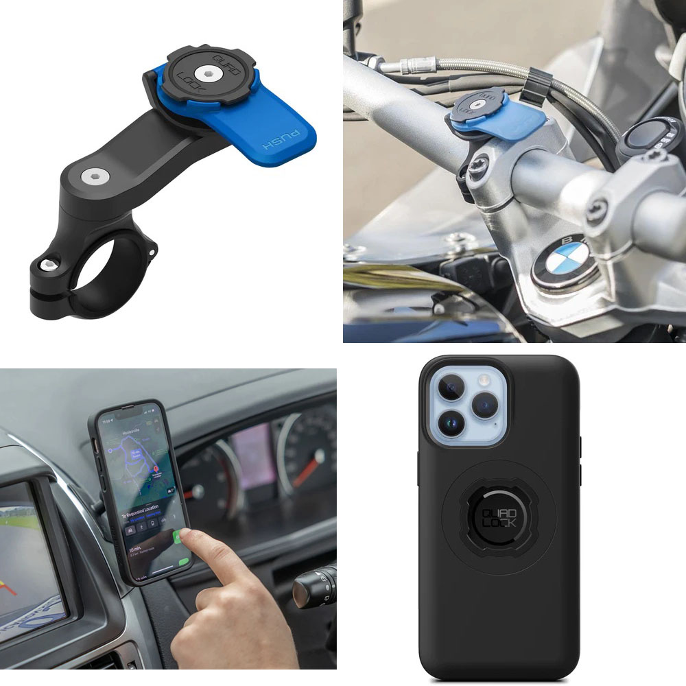 たとえば<a href="https://quadlockjapan.com/collections/motorcycle/products/qlm-hbr" class="strong b">「ハンドルバーマウント V2 モーターサイクル用」</a>というパッケージなら、モーターサイクルのハンドルに装着するためのマウント一式が含まれている。これに加えてQUAD LOCKケースがあれば、スマートフォンをモーターサイクルのハンドルにマウントできる。別途クルマ用のマウントを買えば、同じスマートフォンをクルマのダッシュボードにマウントすることができる。