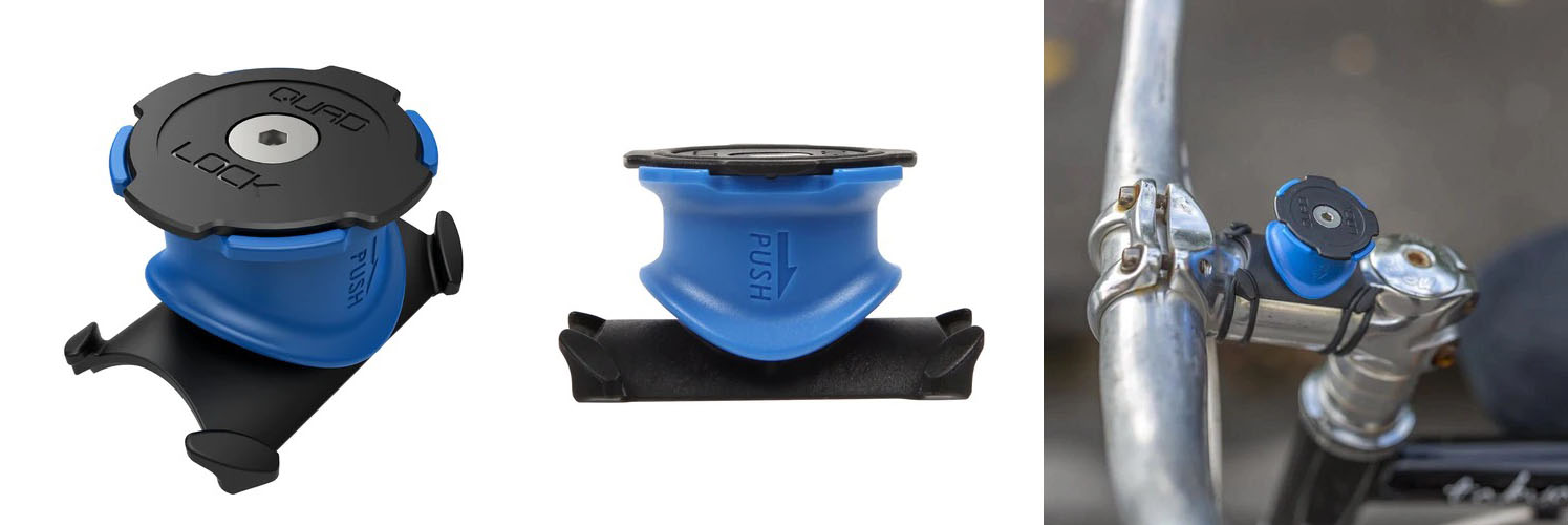 自転車のハンドル用マウント<a href="https://quadlockjapan.com/products/qlm-bmp-bl" class="strong b">「バイクマウント（ステム/ハンドルバー） 自転車用」</a>。25〜40mm径のハンドルバーやステムに適合し、Ｏリングや結束バンドで固定する。QUAD LOCKケースに入れたスマートフォンを固定後、青いパーツを押し下げることでスマートフォンを外せる。非常にシンプルな構造だが、パイプ状の対象に対して幅広く使えるマウントでスゲく便利。直販価格4290円。