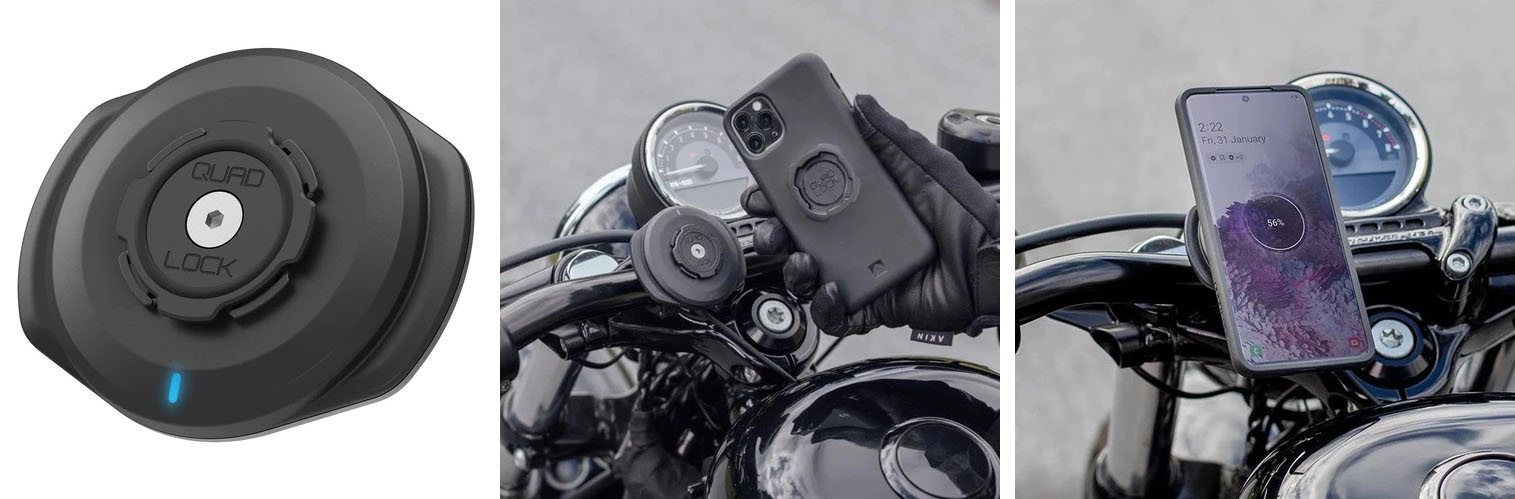 モーターサイクルでマウントとして使うとQi/MagSafe対応端末をワイヤレス充電できる<a href="https://quadlockjapan.com/collections/all-items/products/qla-mot-wch-3" class="strong b">「IP66防水防塵 ワイヤレス充電ヘッド モーターサイクル用 V3」</a>。対応機種はリンク先のPDF説明書に記されている。試したところ、iPhone 14 Pro MaxをセットしたQUAD LOCK MAGで問題なく充電できた。モーターサイクルでツーリングに行くときに使うが、（何らかのUSB出力手段があるモーターサイクルだと）非常に便利に使える。直販価格は1万780円。