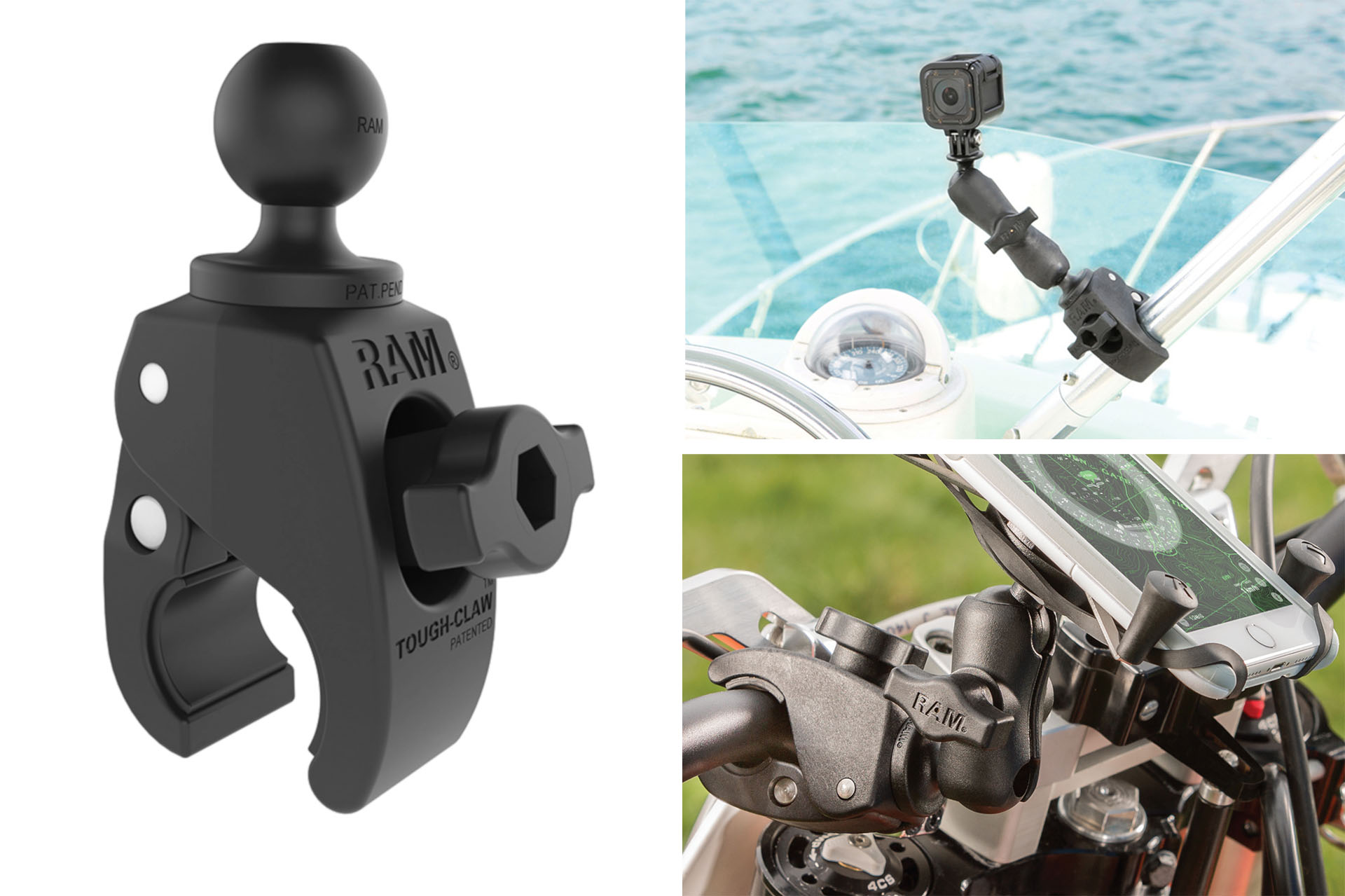 やや補足。俺の場合、現在RAMマウント<a href="https://www.plotonline.com/motor/rammount/detail.html?id=P061-4726" class="strong b">「タフクロー（S） φ15.9-28.9mm対応 1インチボール RAP-B-400U」</a>を超絶愛用中。自転車やモーターサイクルのパイプ部分に対して手軽に着脱できるクランプ式マウントだ。ここに適宜アームを追加し、さらに上記の「1インチ ボールアダプター RAMマウント用 V2」をセットすると、手軽に着脱できるQUAD LOCKとしてスゲくラクに使えつつ、車体を離れるときには丸ごと外して携帯できて盗難の心配なしッ!!!