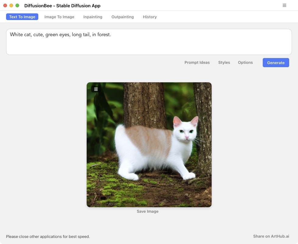 DiffusionBeeの表示例。プロンプトとして「White cat, cute, green eyes, long tail, in forest.」という文章を与えて絵を生成させてみた。1分かからず生成された。ウサギみたいなフワフワ感があって可愛い！　尻尾短いけど。でも去年よりずっと上手くなってませんDiffusionBeeさん？