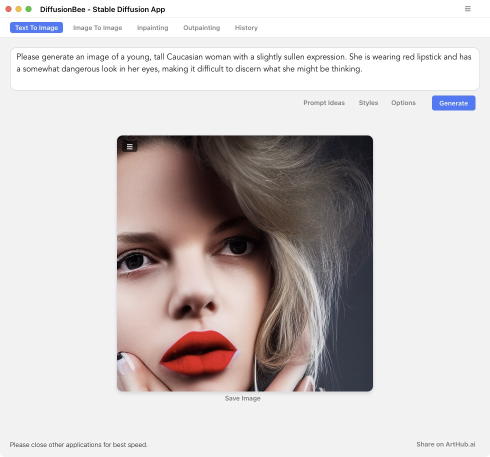 DiffusionBeeに英語プロンプトを渡して描いてもらったのがこれ。最初のChatGPTねえさんの「ヤバげな雰囲気」がわりと残ったような気がしなくもないかもしれない。
