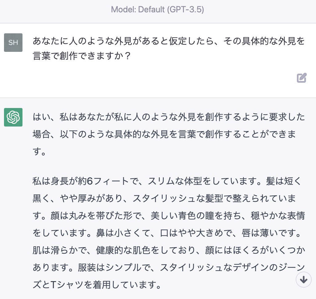 ChatGPTに自分の容姿を創作させ、その発言を翻訳AIで英文化。これを手動で簡潔にまとめてプロンプトとし、各画像生成AIに入力した。各画像生成AIに入力したプロンプトは同一で「Woman, 6 feet tall, slim, hair is short, black, slightly thick, stylishly coiffed,  round face, beautiful blue eyes, small nose, Large mouth, thin lips, smooth skin, healthy complexion, few moles on face, wears simple stylishly designed jeans and t-shirts.」というもの。ネガティブプロンプトは使っていない。
