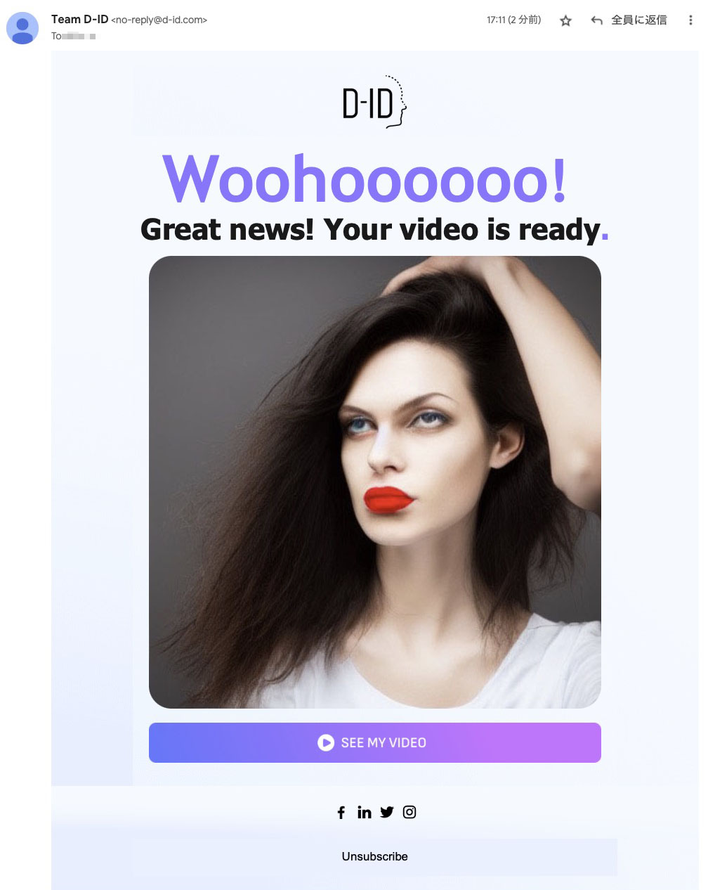 喋らせる長さによってビデオの生成時間は異なるが、今回のような短いビデオ（約38秒）なら十数秒生成されることが多い。そのままWebサイト上で動画の完成を待ってももいいが、生成と同時にメールが送られてくるのでほかの作業をしていてもいい。
