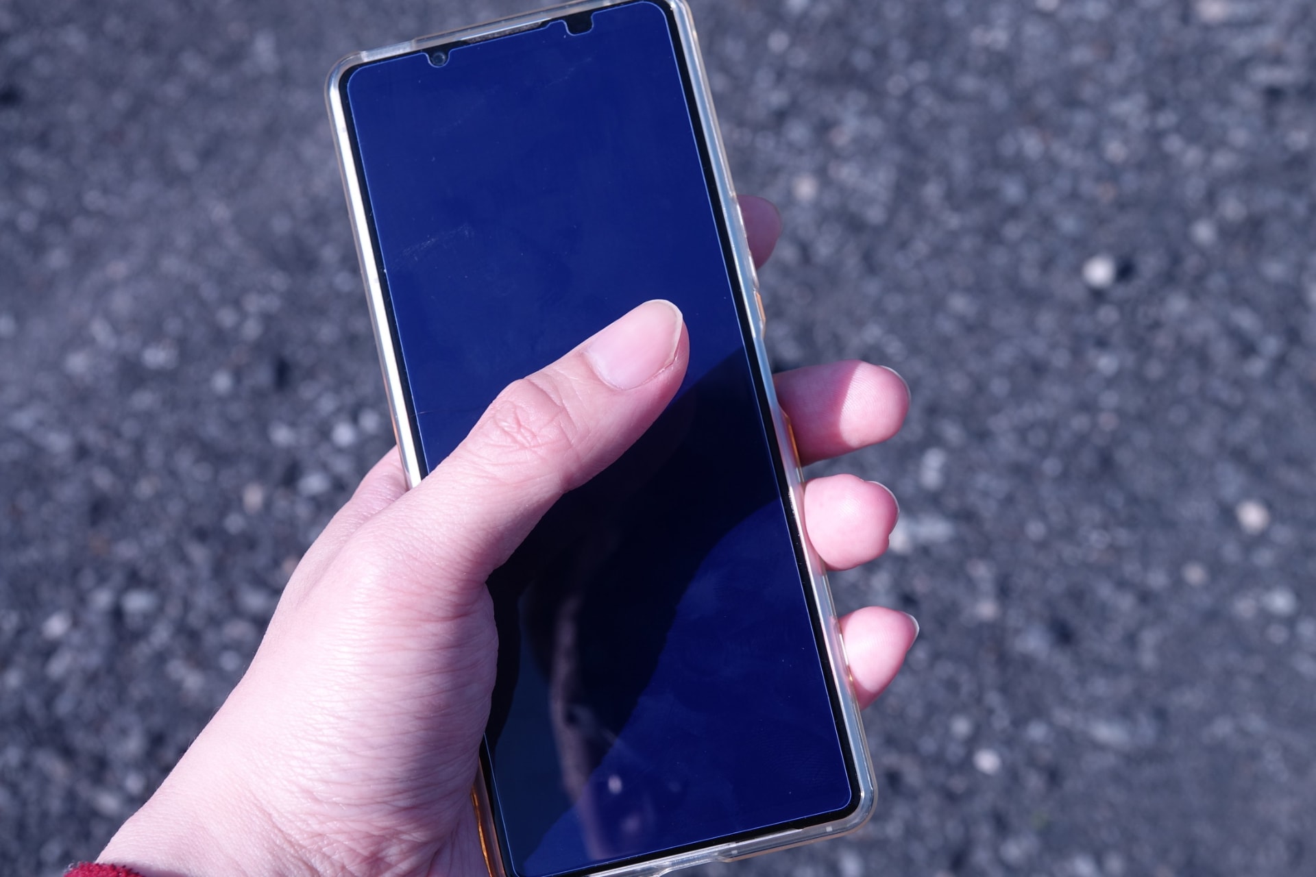 ケースを付けてもなお持ちやすい幅。ケースと一緒に買ったブルーライトカットフィルムを貼付しているが画面がかなり青くなる……