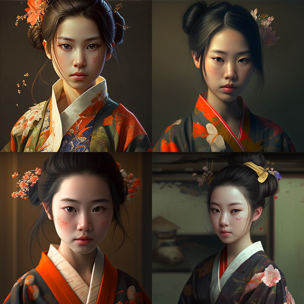 これはMidjourney V5に「japanese girl」というプロンプトを入力して生成した画像。2022年の中頃から1年経たずして、こんなにクオリティが高まった。すっご！