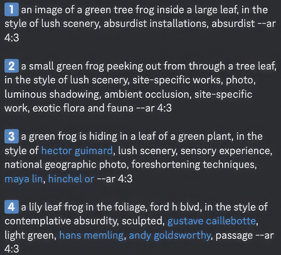 葉っぱの上に小さなカエルがいる写真（撮影者＝俺）をアップロードしたら、このようなプロンプトが生成された。