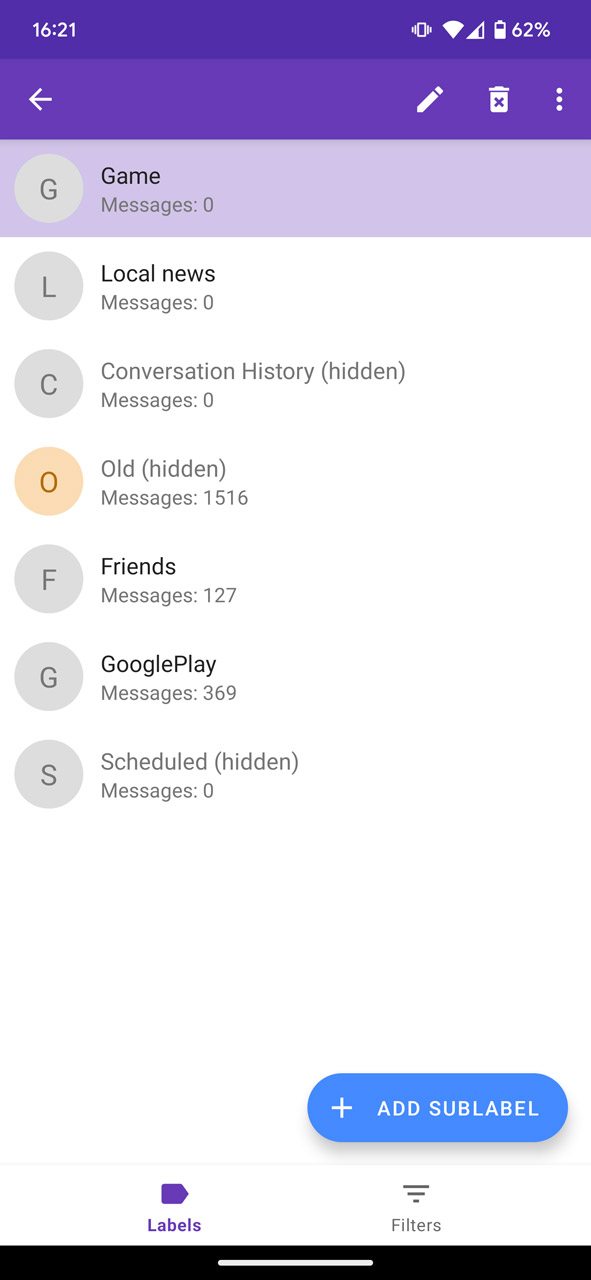 Gmailの既存のラベルが一覧表示