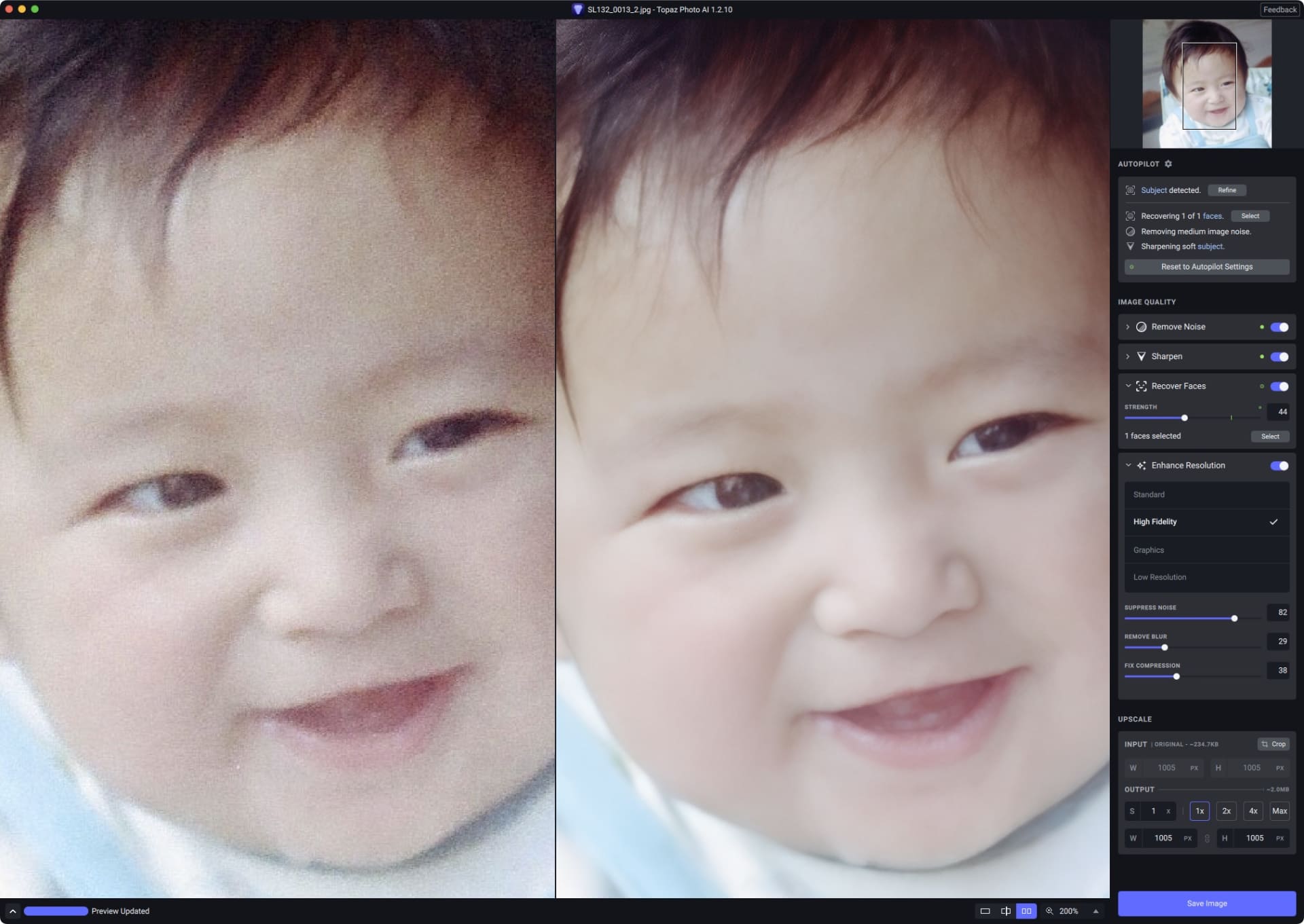 Topaz Photo AIのautopilot機能を停止し、手動で各種パラメーターを調整して画像を美化している様子。