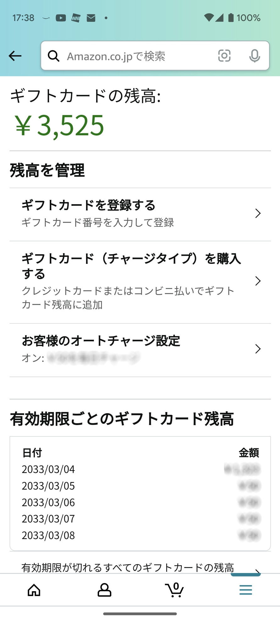 「利用履歴をさらに表示する」をタップすれば、先ほど購入したギフト券がチャージされている