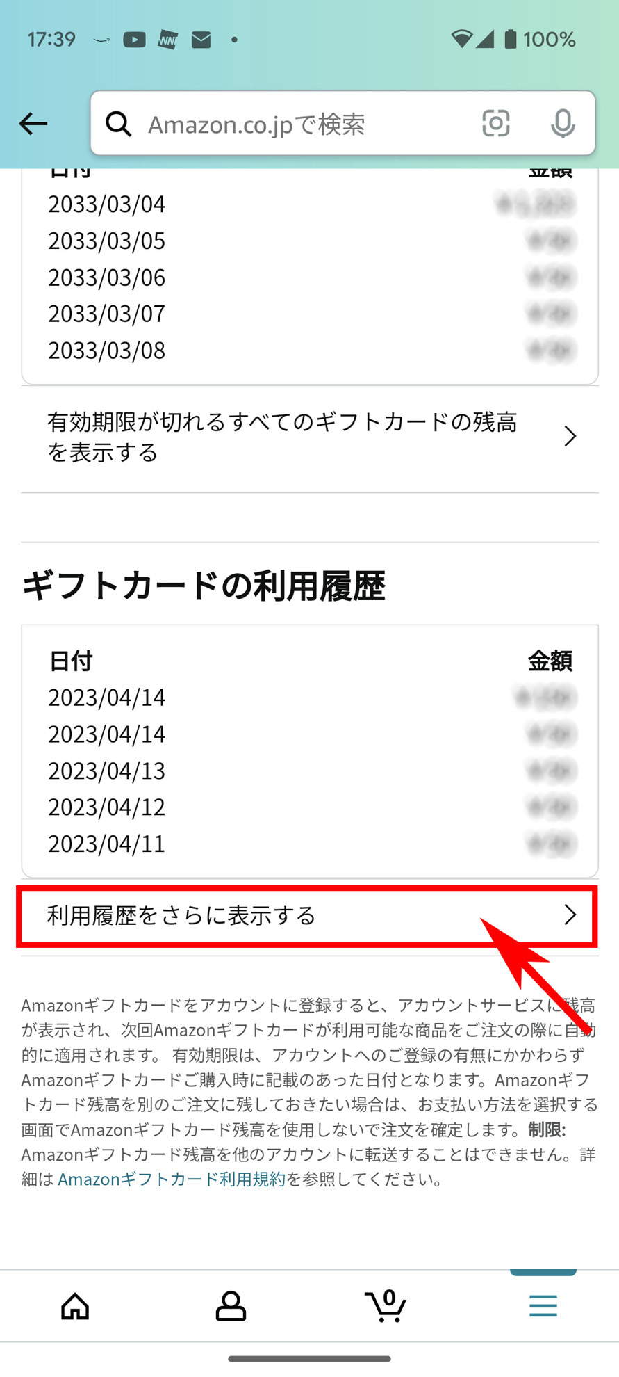 「利用履歴をさらに表示する」をタップすれば、先ほど購入したギフト券がチャージされている