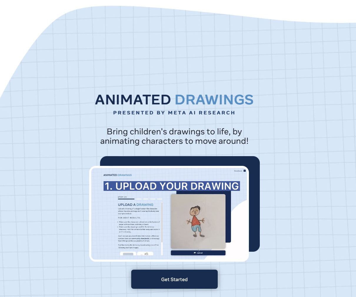 メタ「ANIMATED DRAWINGS」の<a href="https://sketch.metademolab.com" class="strong bn" target="_blank">Webサイト</a>。子供が描くような抽象的だったり非現実的だったりする絵をAIが効果的に認識するためのプロジェクトから生まれたAIデータセットで、それを実際に使って絵をアニメーション化できるサイトだ。