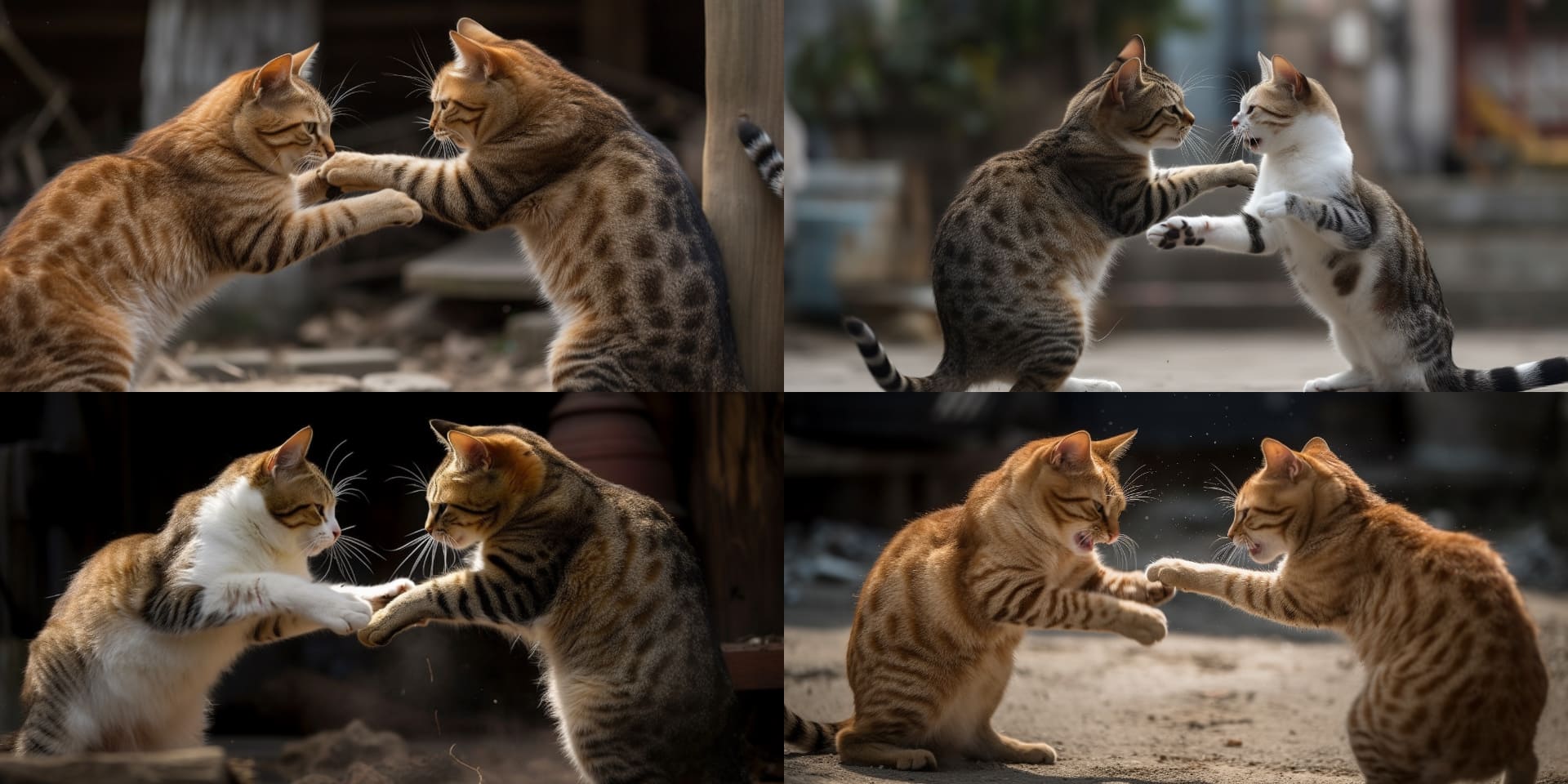 Midjourneyで猫が喧嘩をしているイメージを生成（Midjourney V5使用）。プロンプトは「The cats are fighting. --ar 20:10」で「--ar 20:10」はアスペクト比（画像の横縦比率）20:10の指定（横方向トリミングを考慮して）。fastモードにて約35秒で生成された。