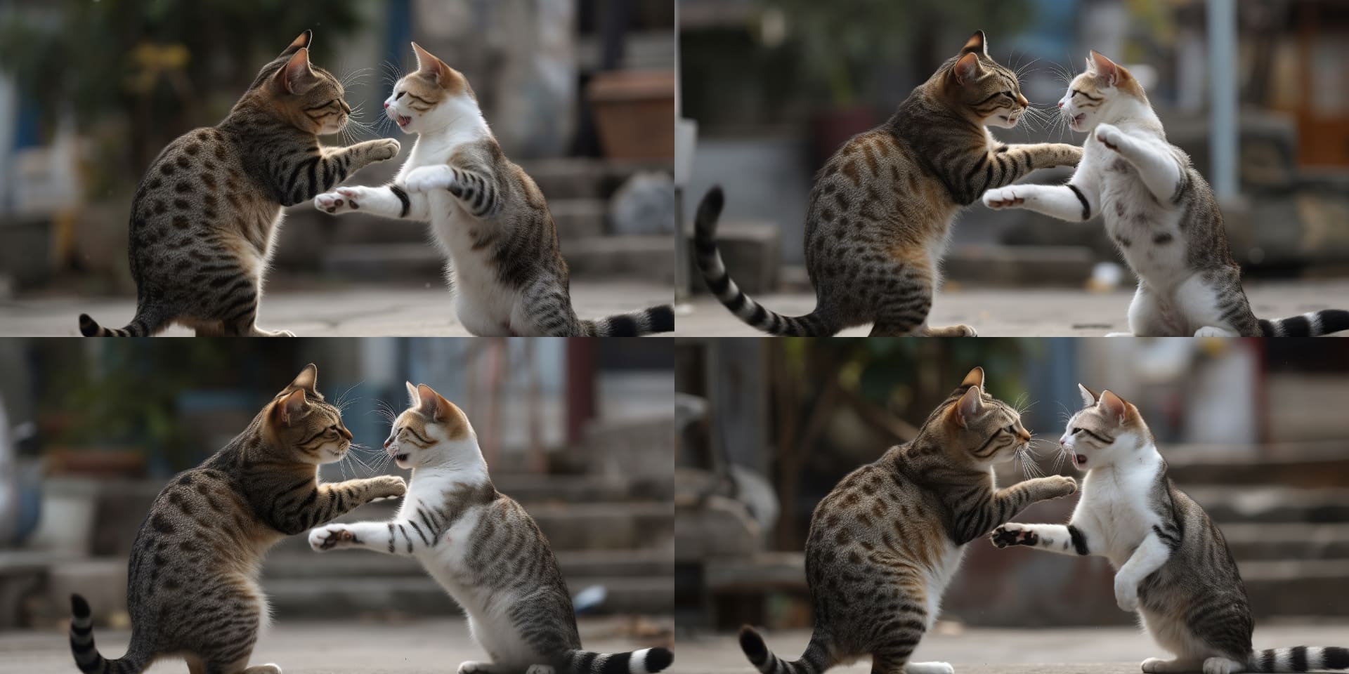 上の画像の右上の喧嘩シーンが気に入ったので、それのバリエーションを生成（MidjourneyのUI上でV2をクリック）。微妙に異なる画像が生成された。