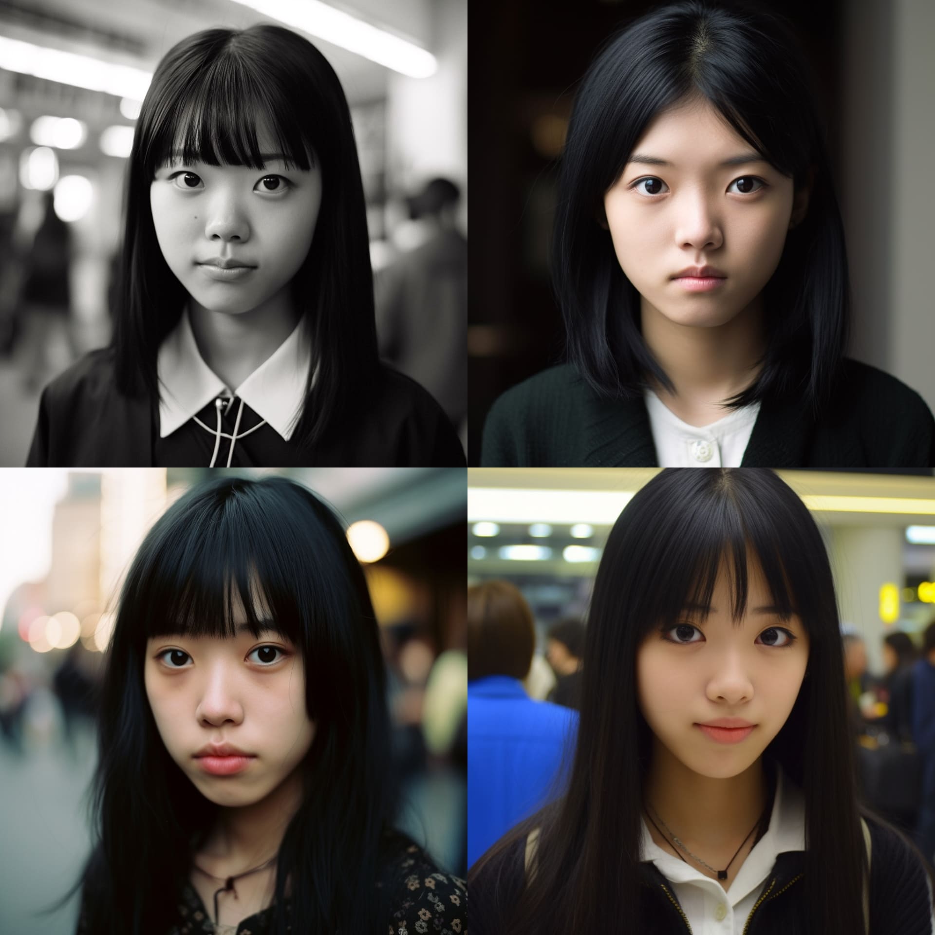 プロンプト「Japanese girl with black hair. Not smiling. 」
