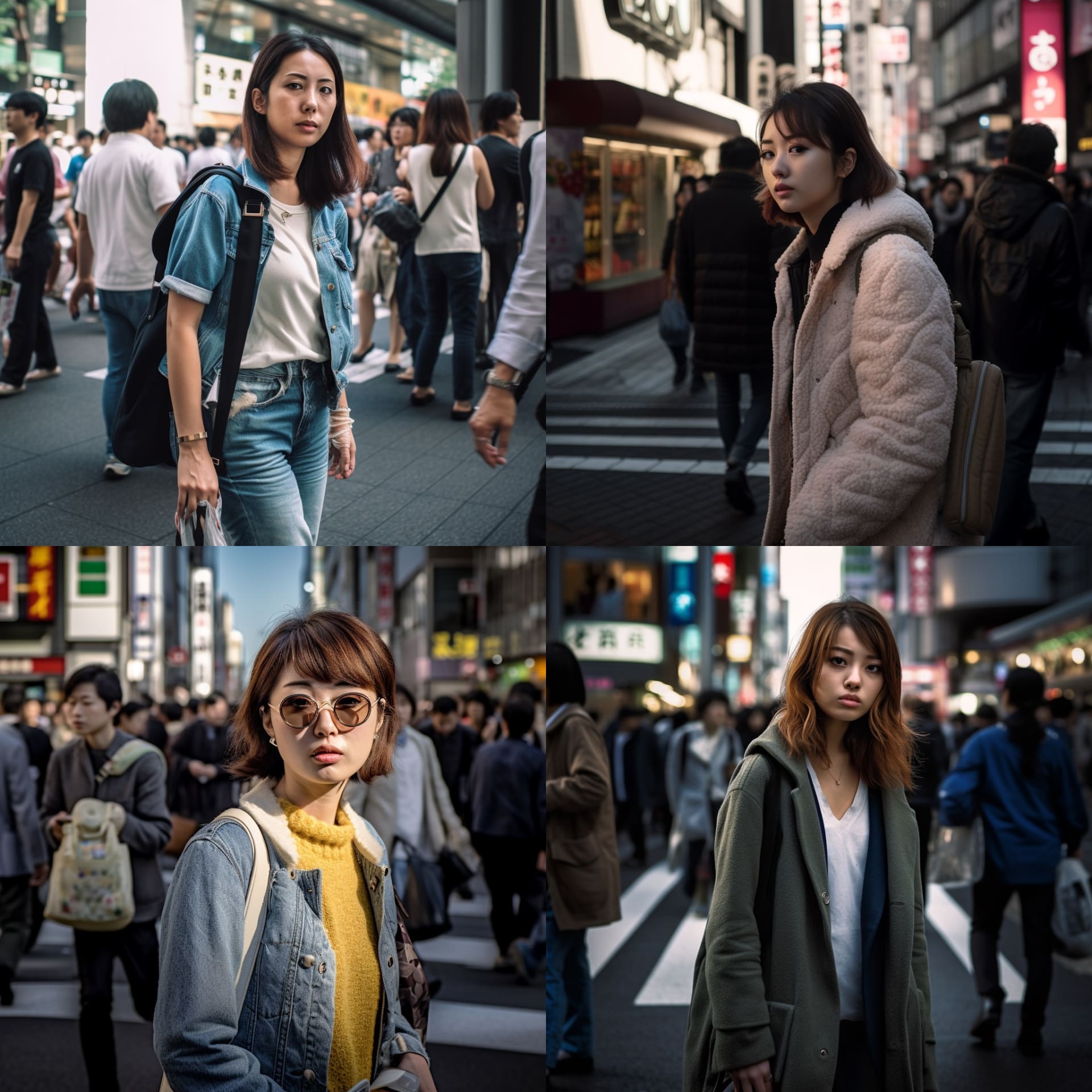 新宿のストリートの女性というイメージで生成したが、全員「ナニよアンタ」的な警戒心が垣間見られる。処理後はちょっとフレンドリーに。
