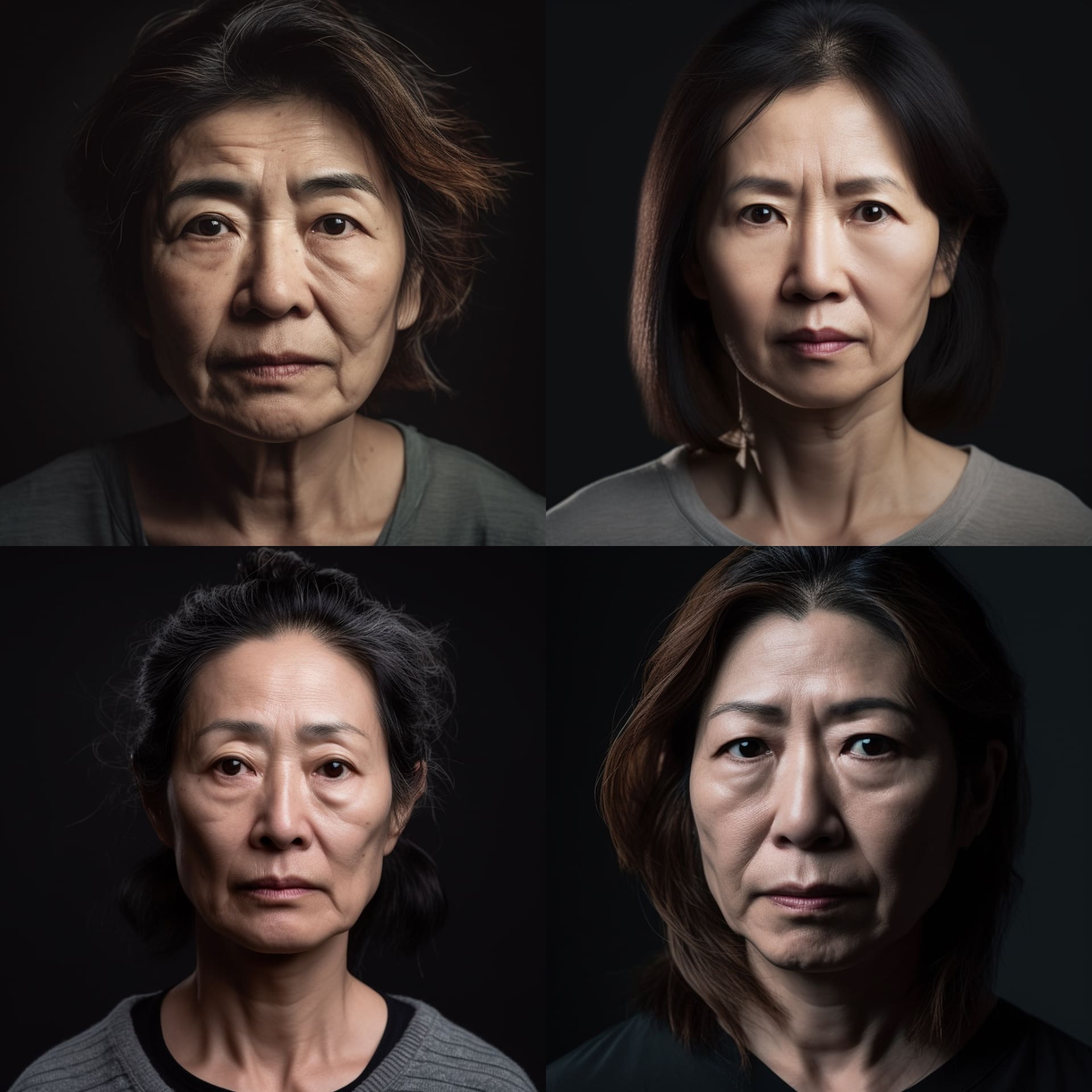プロンプト「2020s. bust-up photo of a Japanese woman in her 40s. She is facing this way. She is not smiling.（2020年代、40代の日本人女性のバストアップ写真。彼女はこちら側を向いている。笑顔ではない）」で生成した人物写真。左上の人はニュートラルな表情って感じだが、ほかは……こっわ！　怒ってます……よね？　あ、あの、ワタシ、なんかしました？　的な。