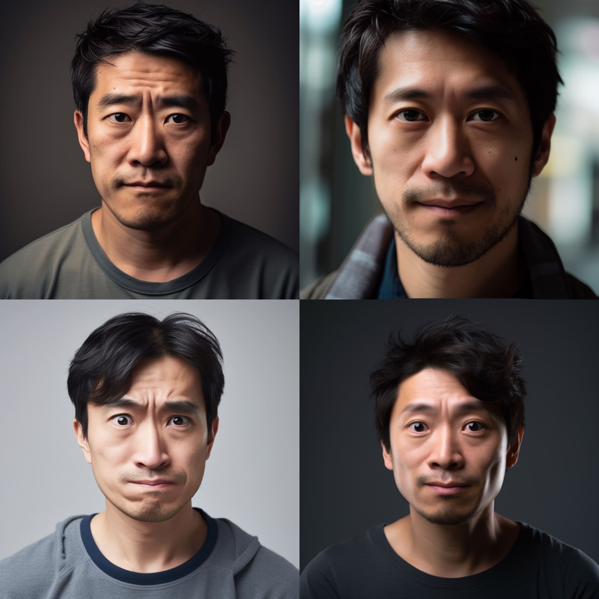 30代男性。40代っぽいように見えるがさておき、働き盛りのやや疲れ顔も、少し笑顔にすれば話しかけやすくなる感じに。