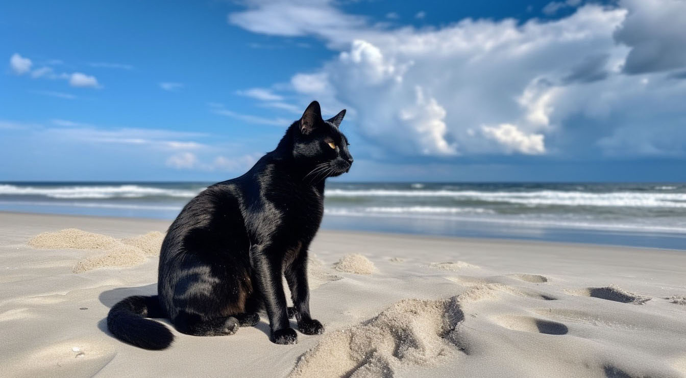Midjourneyで作った猫ちゃん写真。プロンプトは「Sandy beach at the end of summer. The wind is strong and the waves are rough. Cumulonimbus clouds rise in the bright blue sky. Strong sunlight. A black cat on the beach. No one is around.（夏の終わりの砂浜。風は強く、波は荒い。真っ青な空に積乱雲が立ち上がる。強い日差し。浜辺の黒猫。周囲には誰もいない）」。アスペクト比3:2でMidjourney V5にて約1分で生成したものをトリミング。