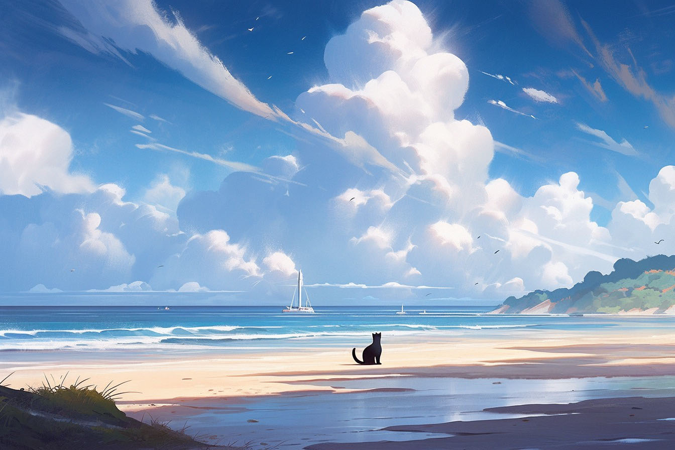 上の写真と同じプロンプトを使い、niji・journeyにて「--style scenic」オプションを追加してエモーショナルなあるアニメ風イラストにしたもの。フルプロンプトとしては「Sandy beach at the end of summer. The wind is strong and the waves are rough. Cumulonimbus clouds rise in the bright blue sky. Strong sunlight. A black cat on the beach. No one is around. --style scenic --ar 3:2 --niji 5」となる。