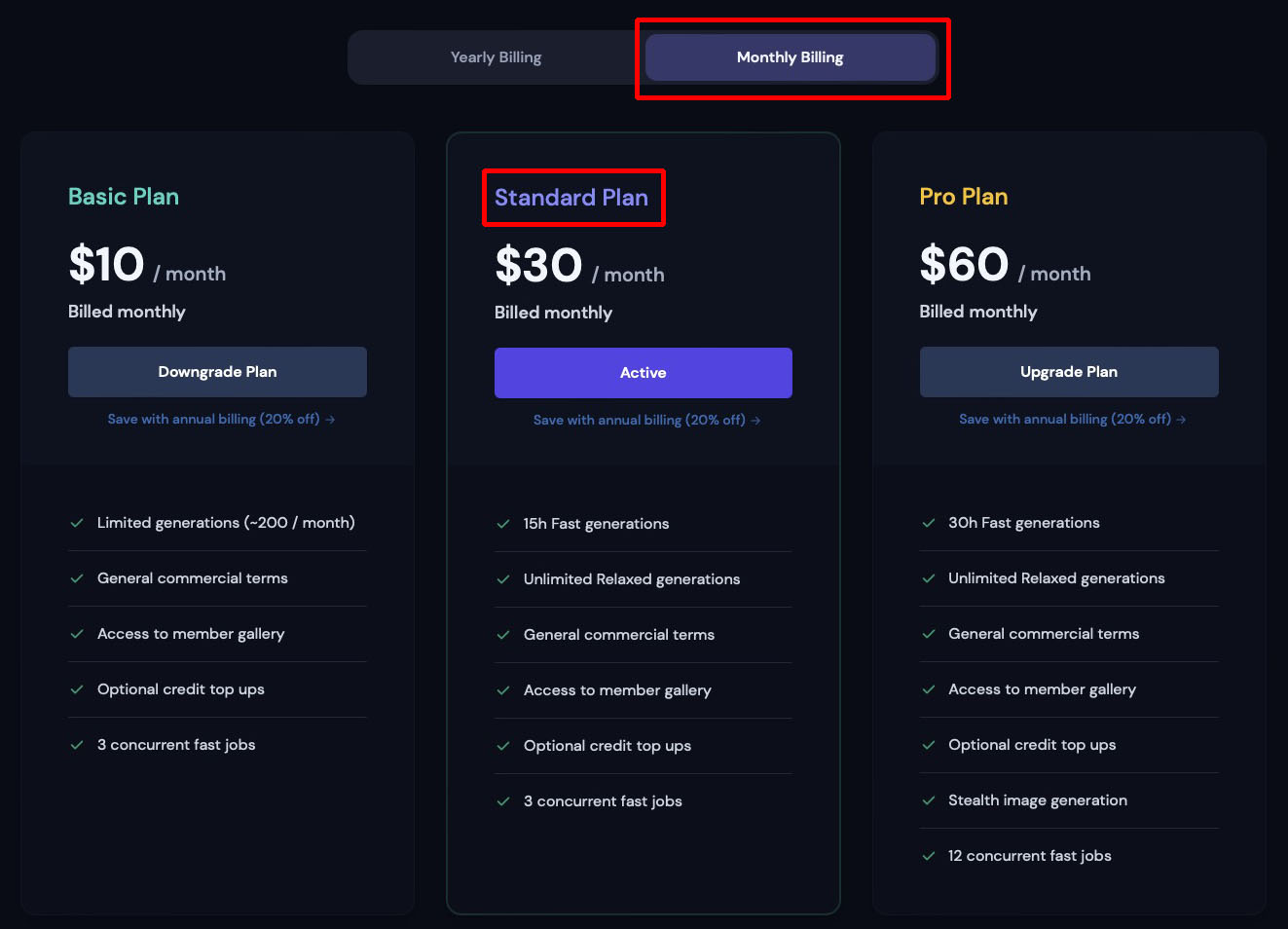 Midjourney有料プランとしてStandard Planを使っている。月ごとにUS30$が課金される。原稿執筆時のレートでは約4000円。