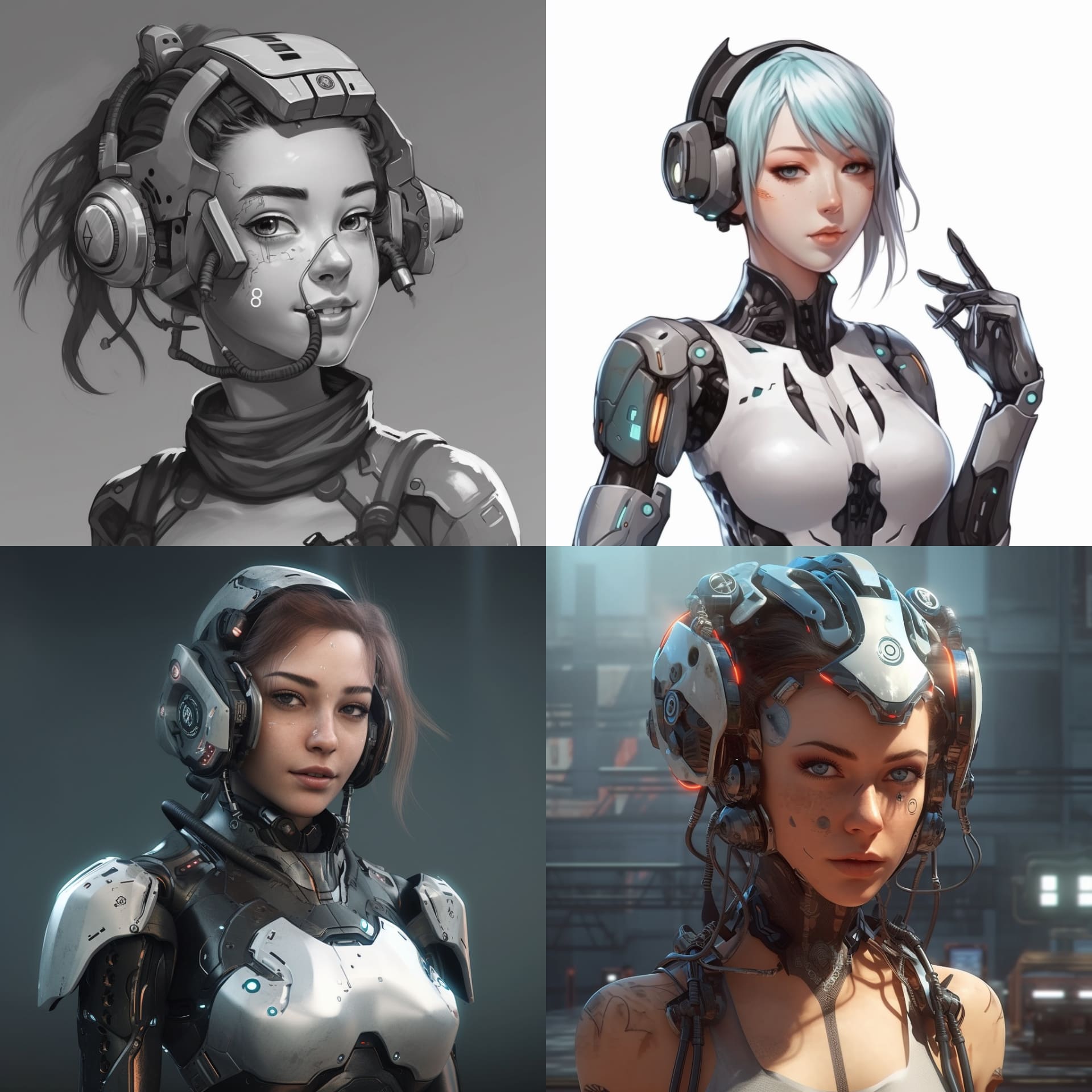 上のは怖いので、プロンプトを「Friendly cyborg girl」としたら、こんなのが出た。短いプロンプトでもキレイなグラフィックが出るMidjourney V5は愉快である。