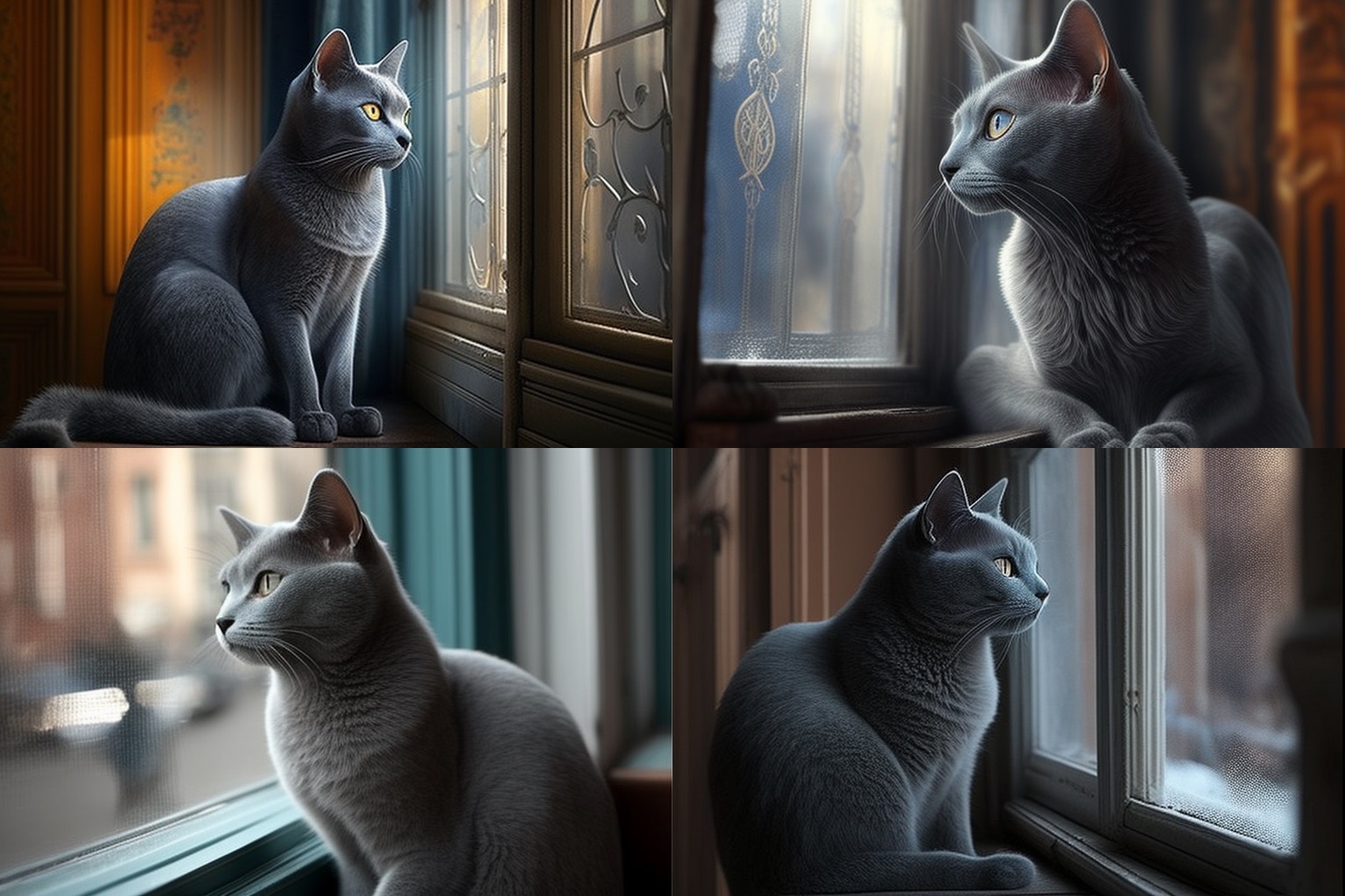 窓際の猫を描こうと、プロンプト「A beautiful Russian Blue sitting by a bright window.（明るい窓際に座る美しいロシアンブルー）」と入力した結果。簡素なプロンプトなのに、なかなかイイ！