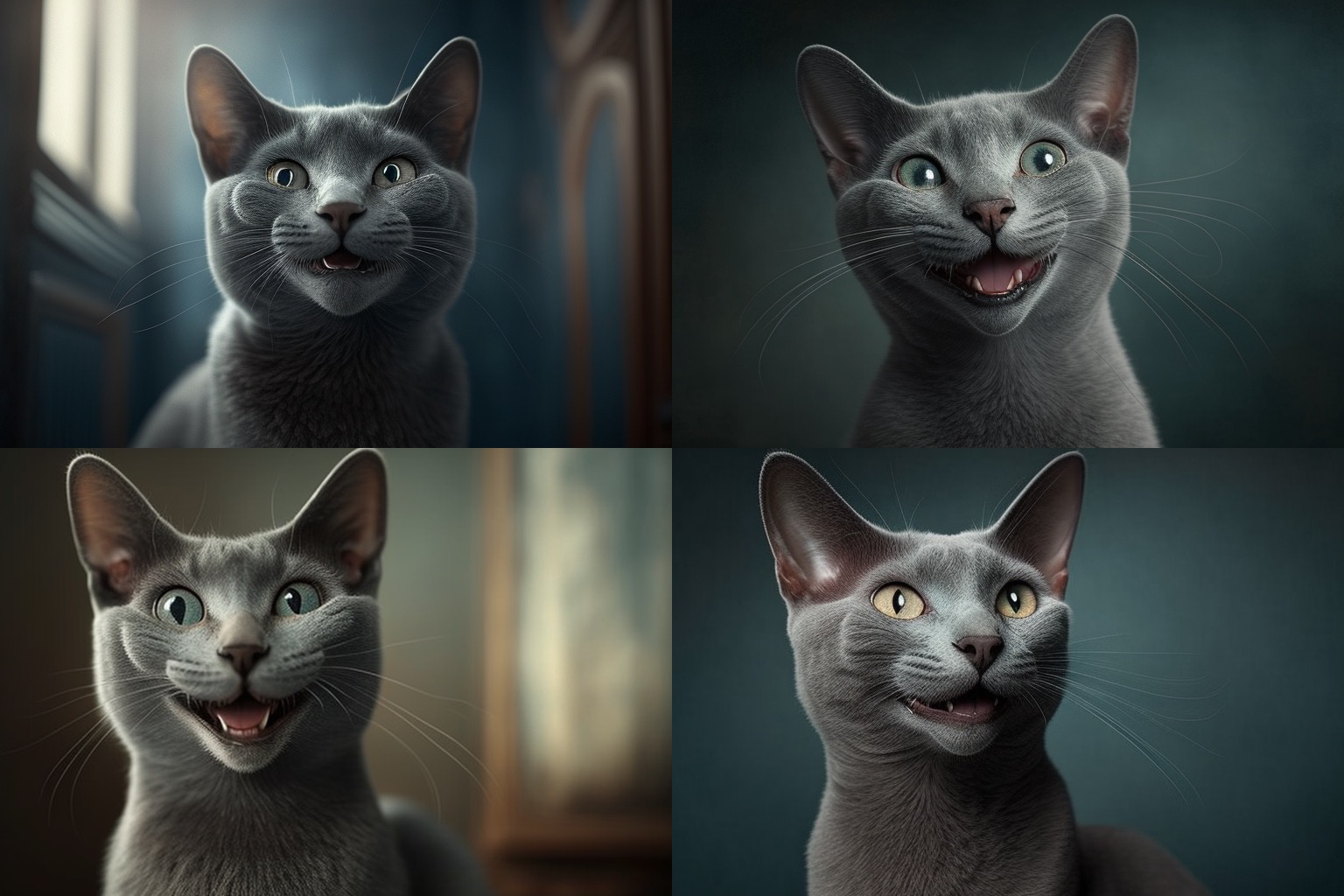 ロシアンブルーという猫種は微かに笑みを浮かべたような顔で、その微笑みっぽい表情を「ロシアンスマイル」という。これをMidjourneyに描いてもらおう！　とプロンプト「Russian Blue with a Russian smile. Closed mouth. Realistic photo.（ロシアンブルーにロシアンスマイル。閉じた口元。リアルな写真）」としたらコレが出た。コレは「笑顔で話すロシアンブルー by Pixar」みたいなコトでは？　Midjourneyにはまだまだ学びの余地がある。