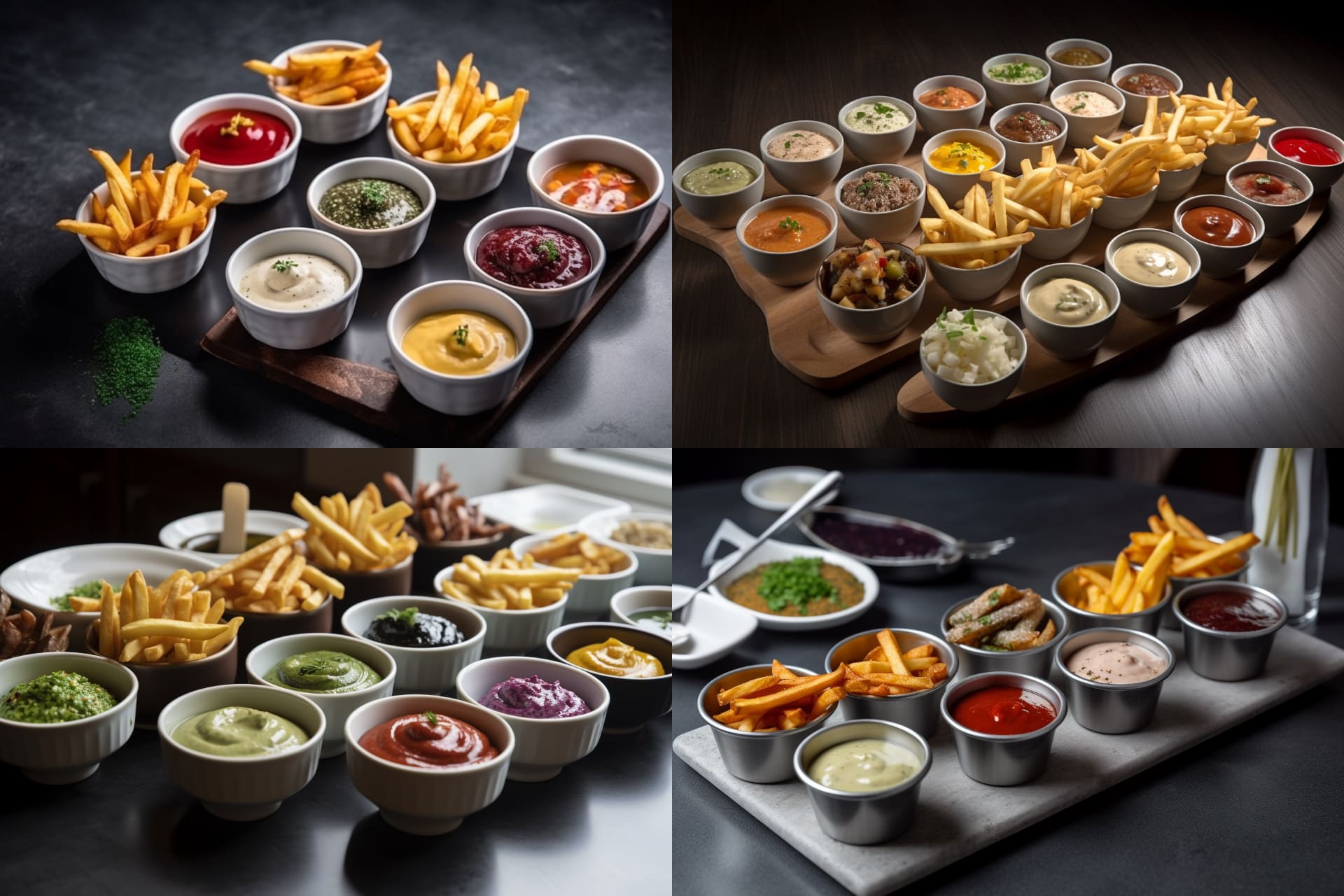 プロンプト「Small plates with dips arranged in an orderly fashion. French fries.（ディップが整然と並べられた小皿。フライドポテト）」で生成。
