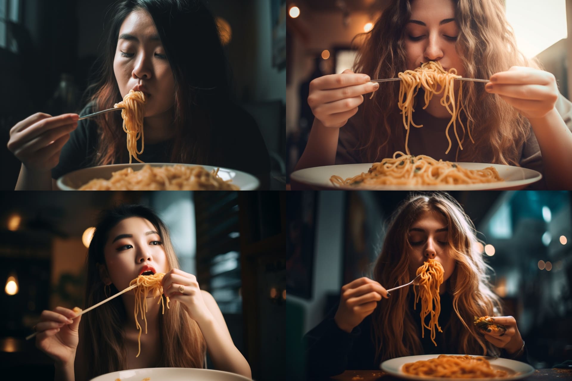 プロンプト「A woman eating pasta.」で生成したもの。手自体の表現は「非常によくできた部類」で、手の形状などもまずまず違和感がない（よく見ると一部の指の本数が多いが）。ただ、パスタと手とフォークという複雑性があるからか、まともな食べ方をしている映像は出にくかったりもする。
