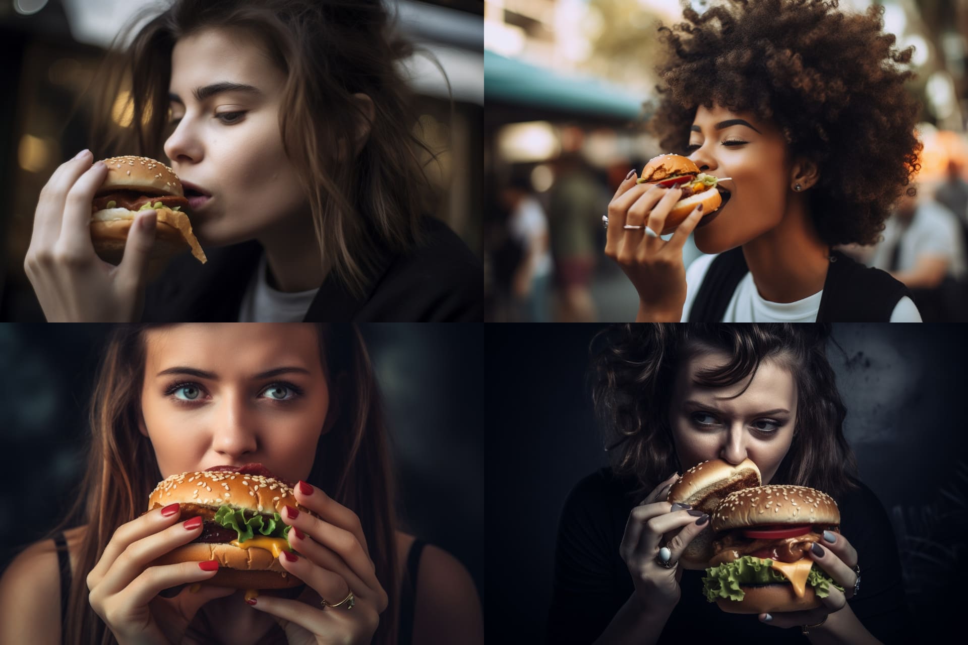 プロンプト「A woman eating a burger.」で生成したもの。これは「けっこうよくできた部類」で、一見自然に見える。だがよく見ると指の本数や食べ方などに違和感が。
