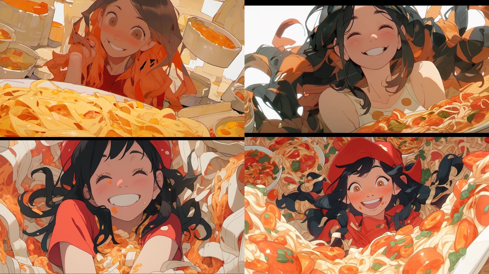 「--style expressive」を使って最初のパスタの子を描かせてみた。上記プロンプトに「--style expressive」パラメーターを追加しただけ。元気なパスタまみれっ子となった。