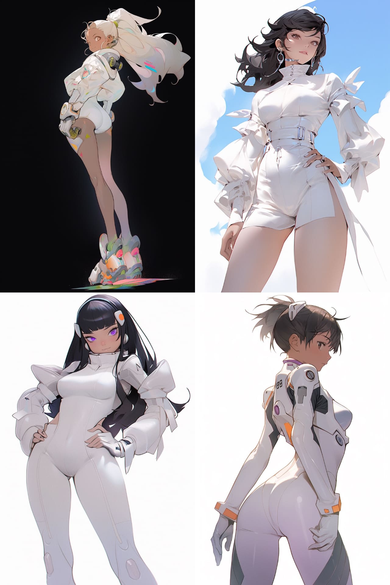 フルプロンプトは「A girl in a white Playsuit. It stands tall. The whole body is visible. --style expressive --ar 2:3 --niji 5」。「白いプレイスーツを着た少女。背筋が伸びている。全身が見える」って感じですな。