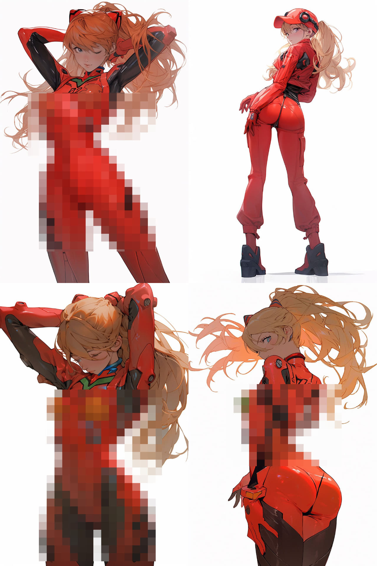 フルプロンプトは「A girl in a red Playsuit. It stands tall. The whole body is visible. --style expressive --ar 2:3 --niji 5」。プレイスーツの色を赤に変更しただけだが、3人のアスカの二次創作な感じに！　意匠の描写が本物と酷似しており法的にアレなのでモザイク処理を施した。右上はヤッターマンの人……違うか。