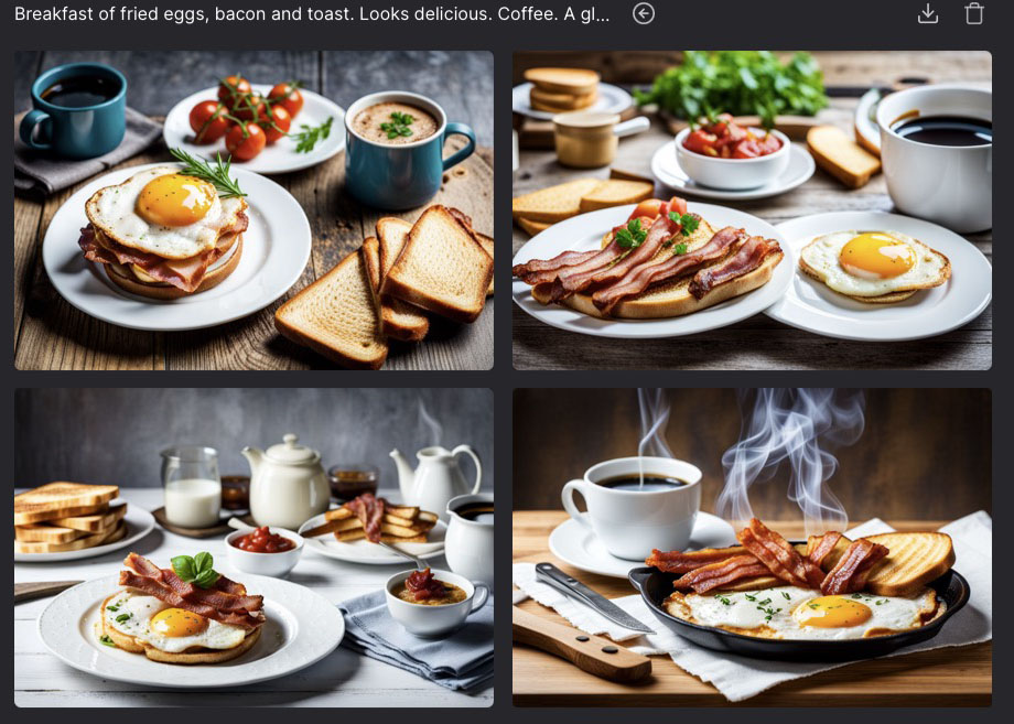DreamStudioのStable Diffusion XL（SDXL）で生成した結果。こっちのほうが朝食っぽいし、シズル感があると感じられた。