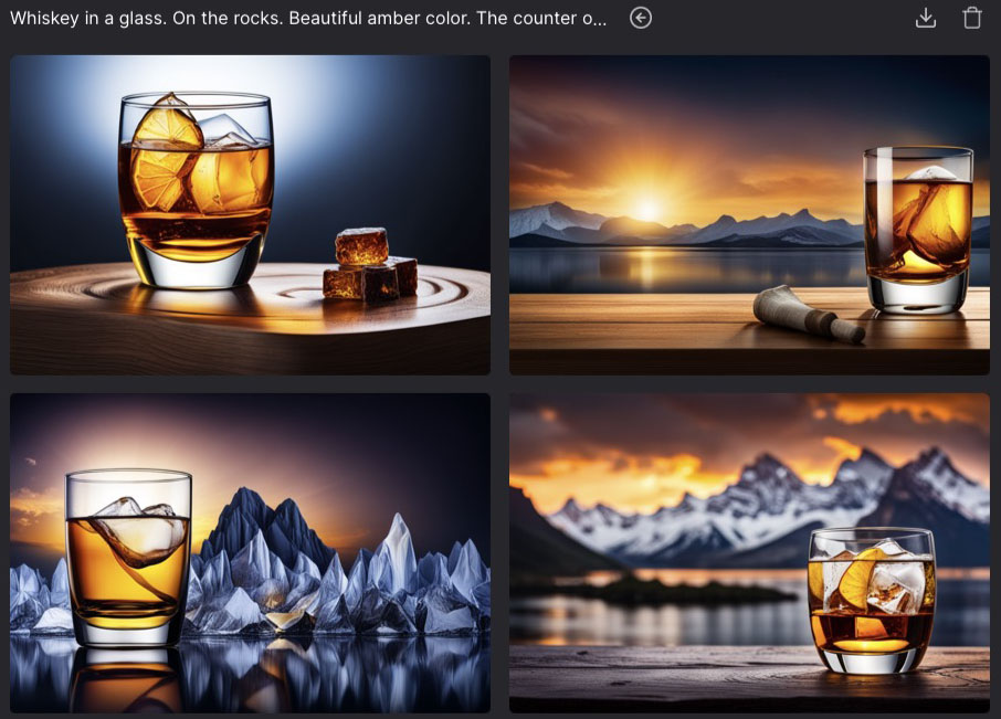 DreamStudioのStable Diffusion XL（SDXL）で生成した結果。すごい背景のバーではあるが、ウィスキーと氷の透明感がステキ。