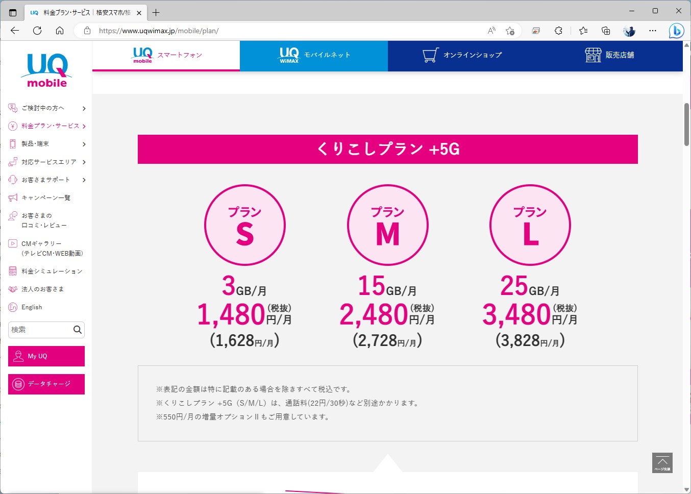 UQ mobileのプランSにデータ増量オプションIIをつけると、ちょうど楽天モバイルの3GB超過時の料金と同じ2178円になる