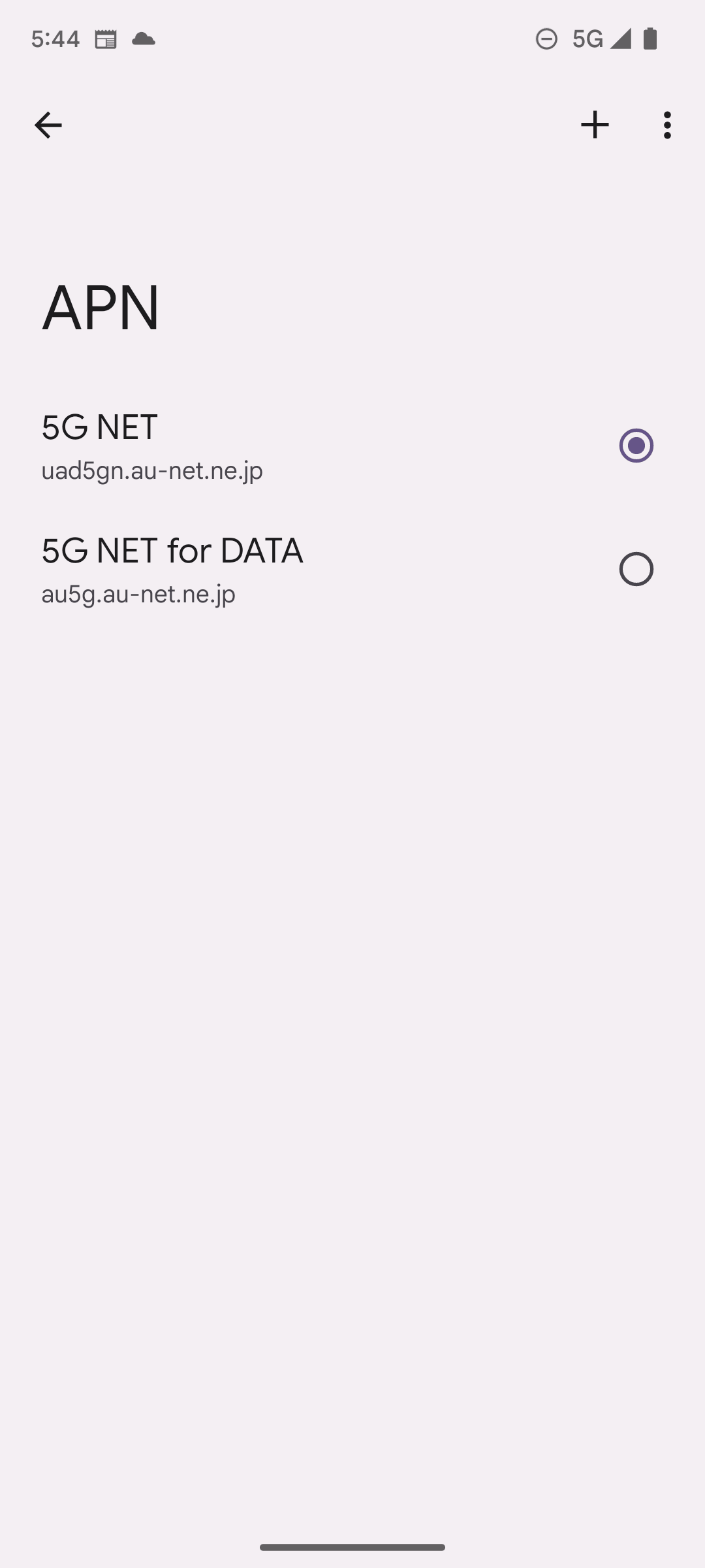 auのSIMカードを挿すと、auが提供する「5G NET」と「5G NET for DATA」が表示される