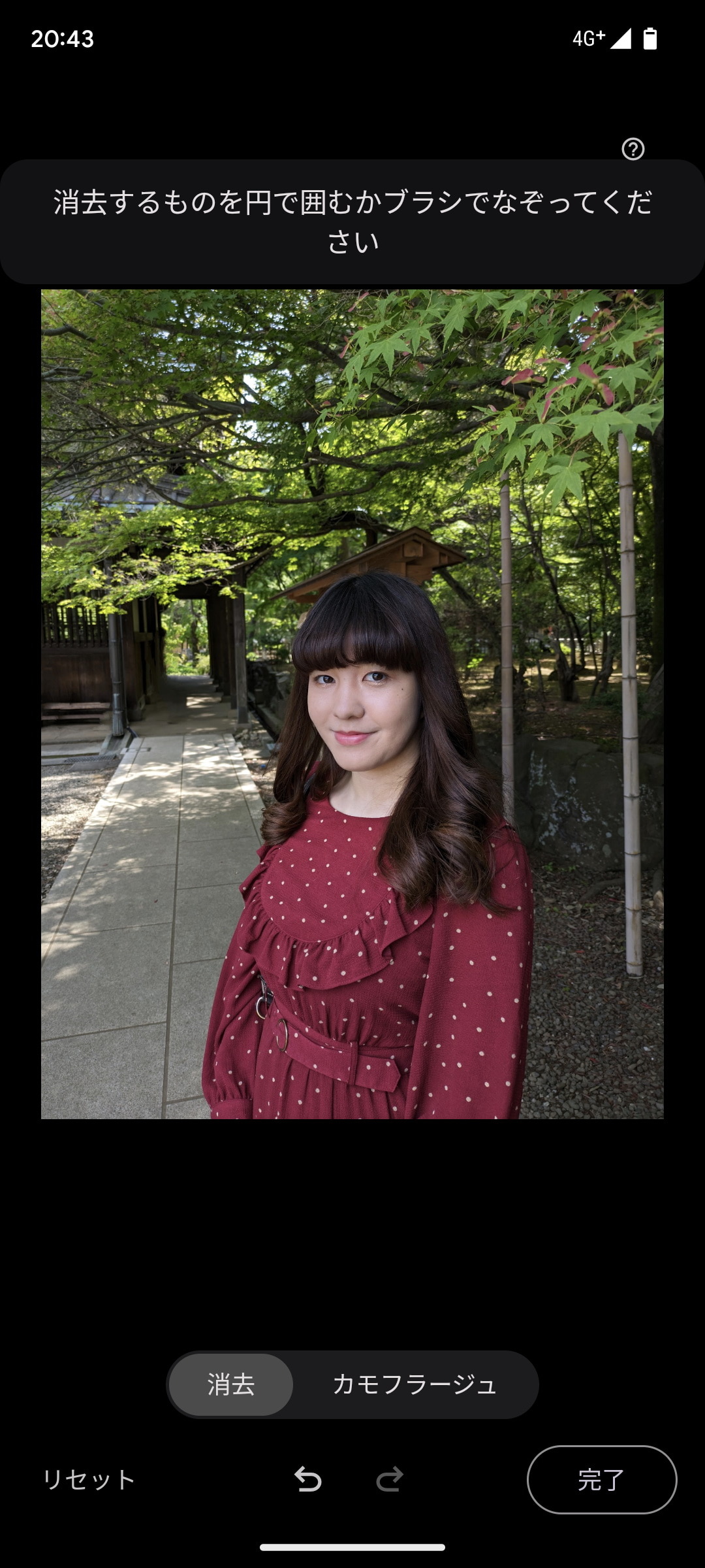 「すべてを消去」をタップすると、背景の人物が消去された写真が仕上がる。元画像を残し、コピーを保存することが可能