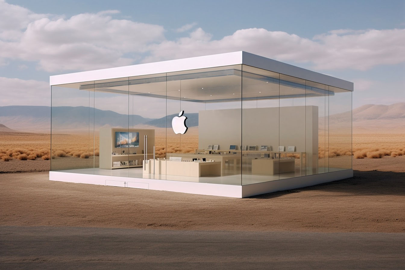 「Midjourney」によりAI生成された画像。プロンプト（入力した文章）は「A very small Apple Store with a view of the products through the glass. There is a white Apple logo on the front. With a realistic photo.（ガラス越しに商品が見える、とても小さなアップルストア。正面には白いアップルロゴ。リアルな写真で）」だが、なぜ荒野にストア？
