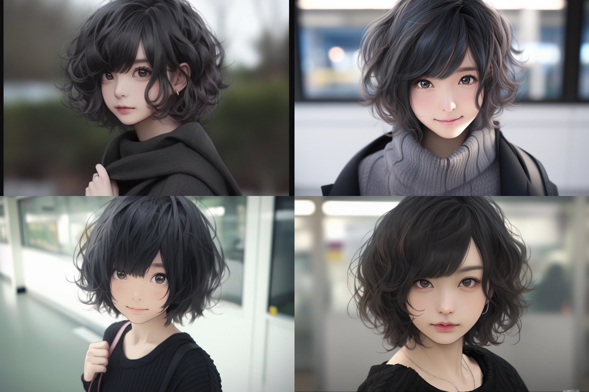 Midjourneyの別モードと捉えられるniji・journeyで生成した画像。プロンプトは「Cute Japanese girl with short curly hair. Short curly hair is also cute. Her hair is black. Black eyes. Realistic photo.（ショートカーリーヘアのかわいい日本人の女の子。ショートカーリーヘアもキュート。髪の色は黒。瞳は黒。リアルな写真で）」とした。モロにアニメ風やマンガ風の画像が生成される場合もあるが、こんなふうにやや実写寄り（さらには完全に実写）の画像が生成されることがある。「なるほどMidjourneyの派生系なんだな」とか思ったり。