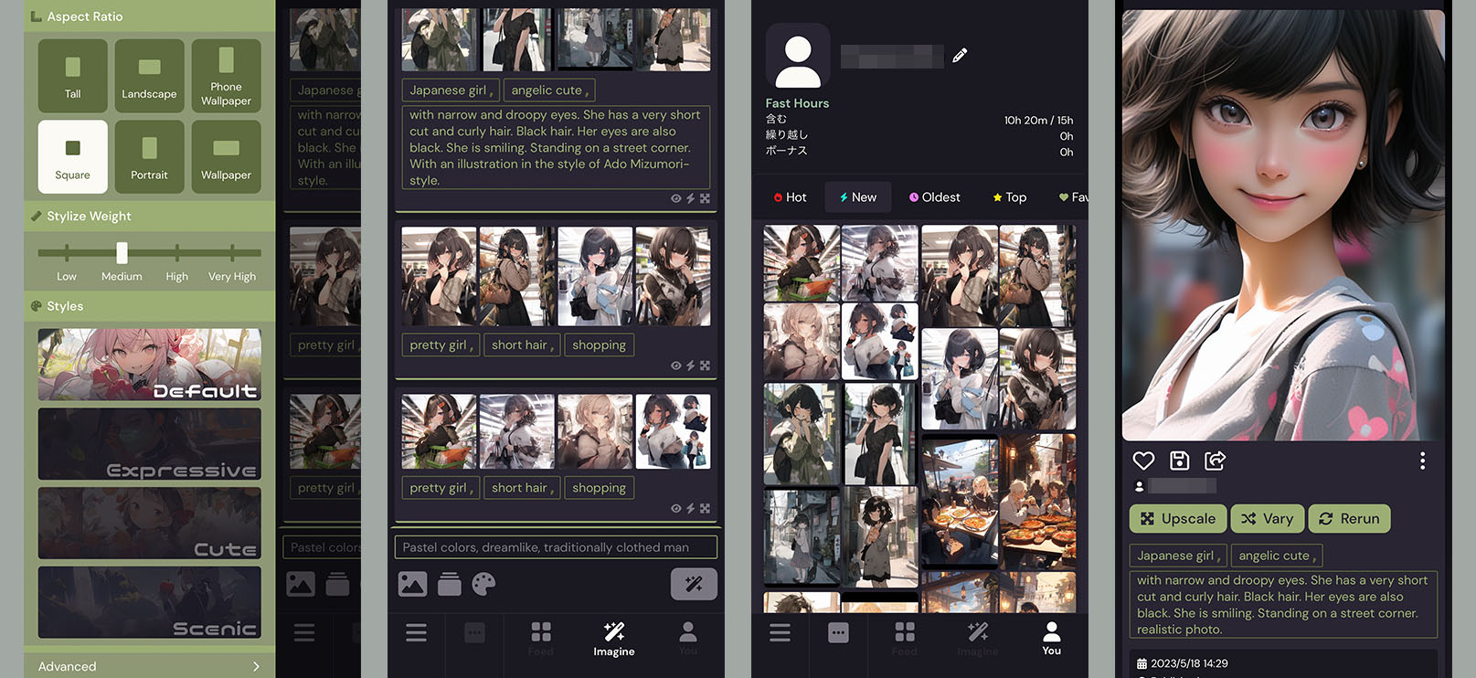 左から、niji・journeyアプリ（α版）起動直後の表示。基本設定をするトップ画面だ。左から2枚目は画像生成（imagine）を行うセクション。3枚目は自分のユーザー情報を見ている様子。これまで生成した画像を一望できる。4枚目は生成した画像の詳細情報を見ている様子。使ったプロンプトを手軽に再利用できるしくみもある。なお、横表示には非対応のようだ。