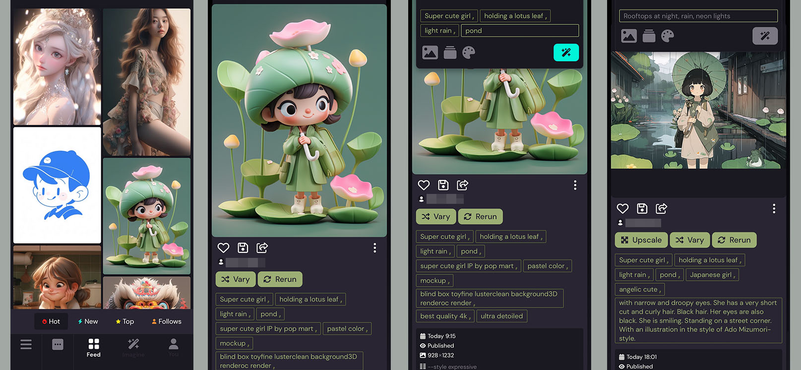 左から、Feed表示を閲覧している様子。Feedは他のユーザーが生成した画像を閲覧できるモード。画像をタップすると詳細情報が表示される（2枚目）。表示される情報にはプロンプトも含まれており、このプロンプトをタップでコピー＆ペーストして、新たな画像を生成可能だ。4枚目は他人様のプロンプトを流用しつつ「niji・journeyって、水森亜土先生風のイラストを描けるのか？」と思って試して失敗した様子。