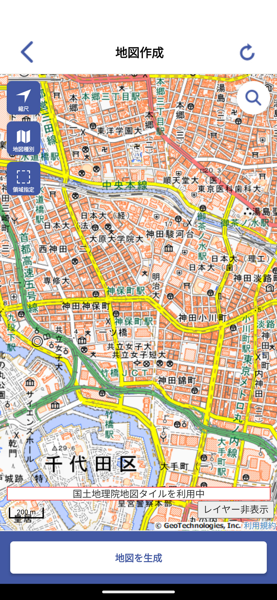 画面左上の「地図種別」ボタンで地図の種類を指定