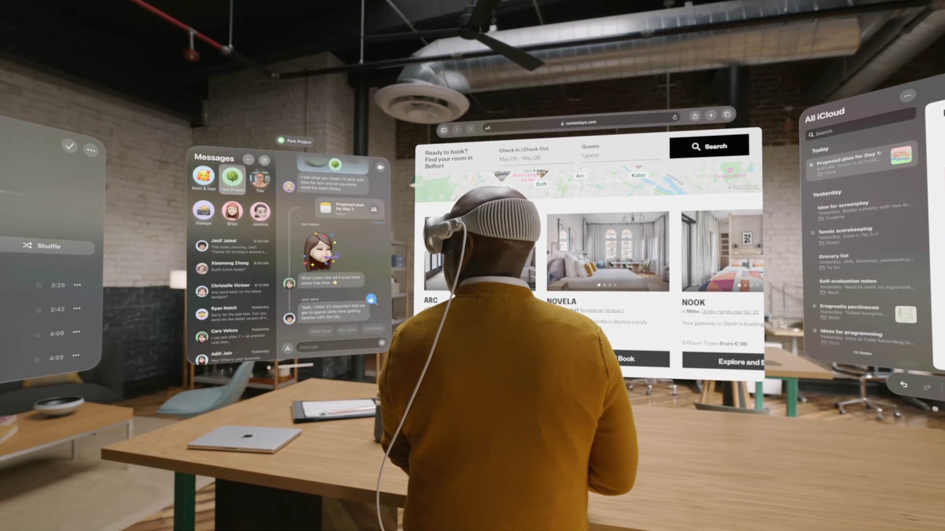 Vision Proを作業に使っているイメージ。マルチディスプレイ以上の作業空間で、とにかく大量のアプリを同時に表示できる